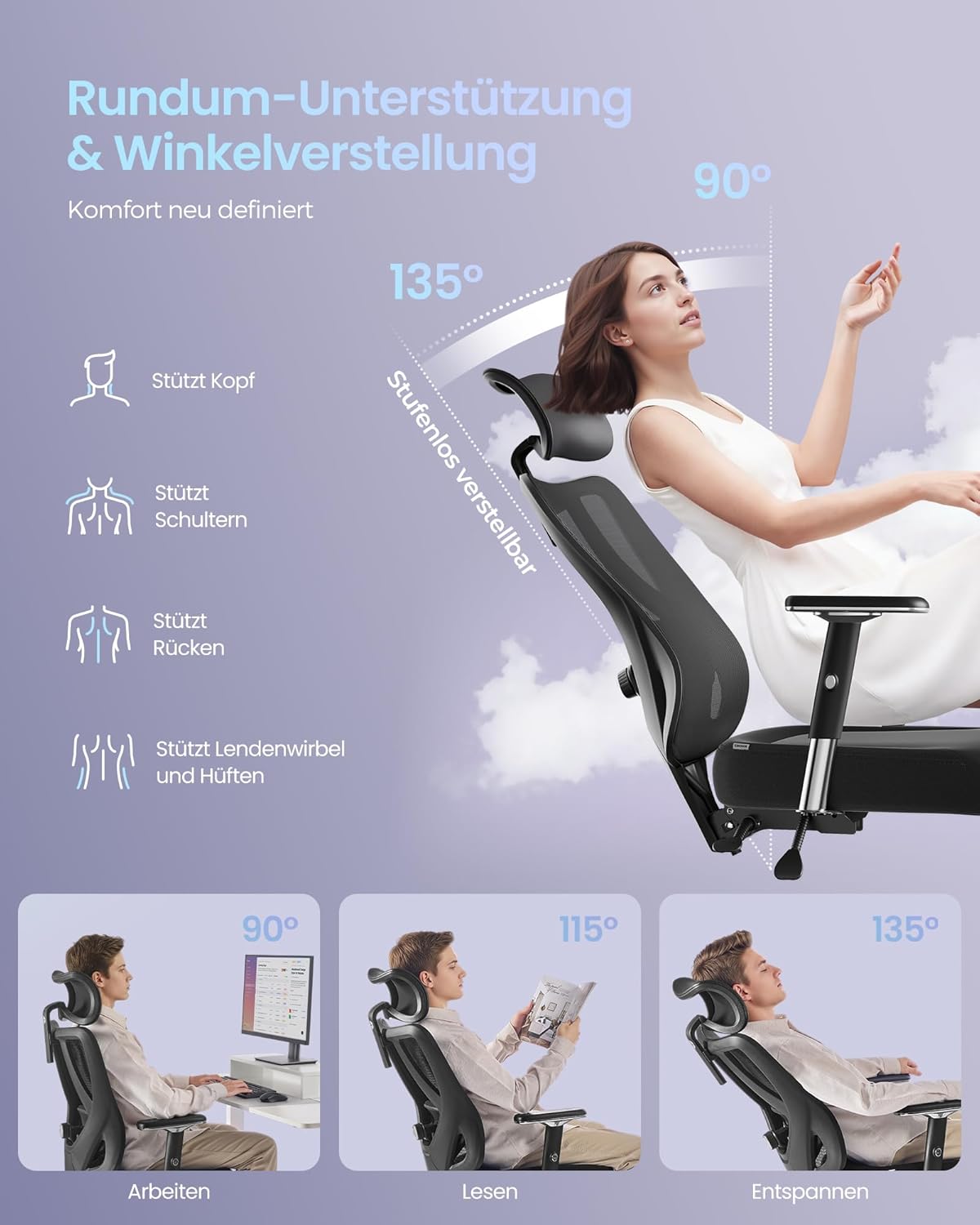 SONGMICS Bürostuhl, ergonomischer Schreibtischstuhl, Gaming-Stuhl, verstellbare Lendenwirbel-Kopfstütze, Armlehnen, verschiedene Höhen, 150 kg Tragkraft, Tintenschwarz, OBN067BH01 – Bild 7