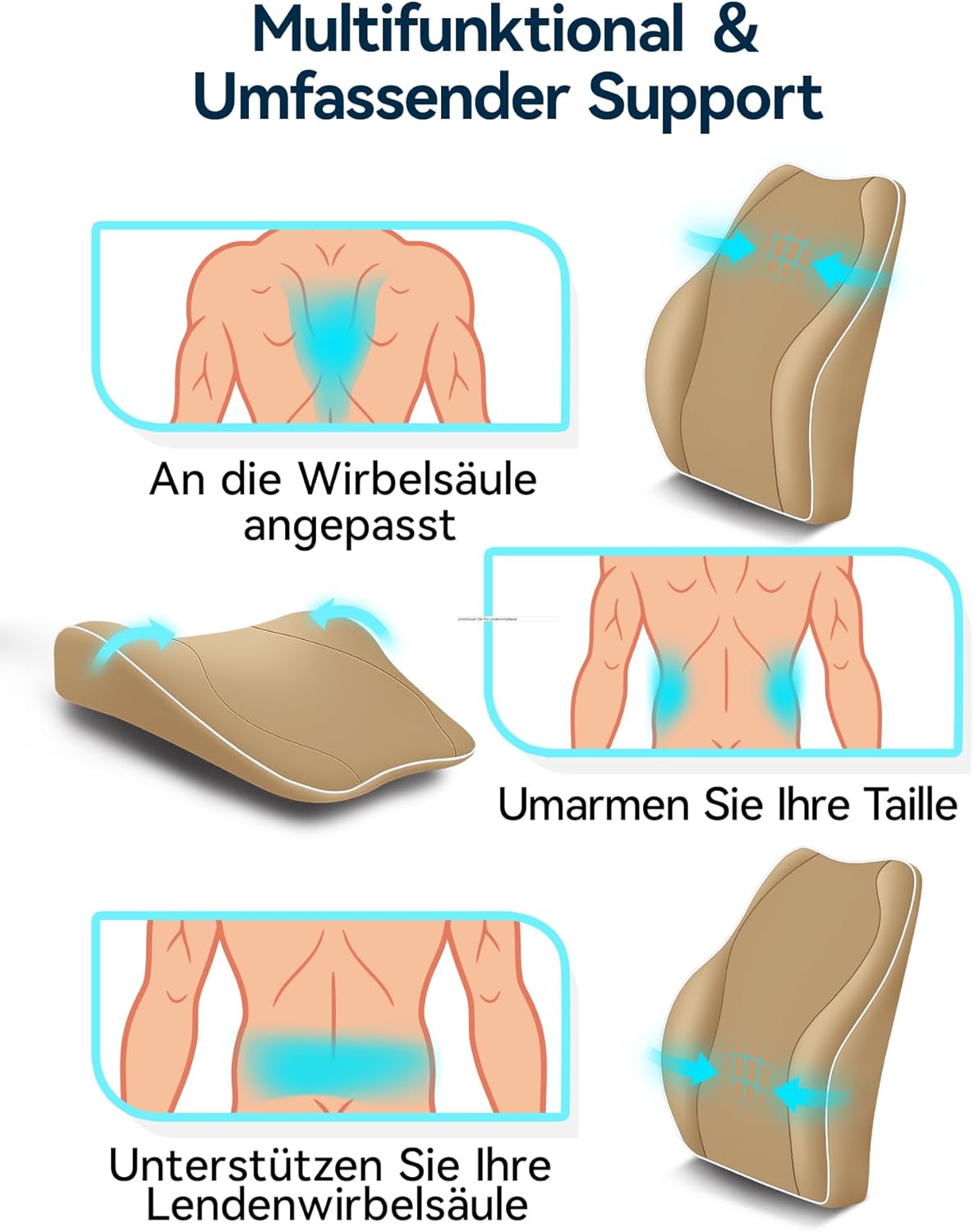 Travel Ease Ergonomisches Memory Foam Rückenkissen, Lendenkissen für Bürostuhl, Schreibtischstuhl, mit antistatischem, hautfreundlichem Bezug und für eine bequeme Sitzhaltung (Khaki) – Bild 4