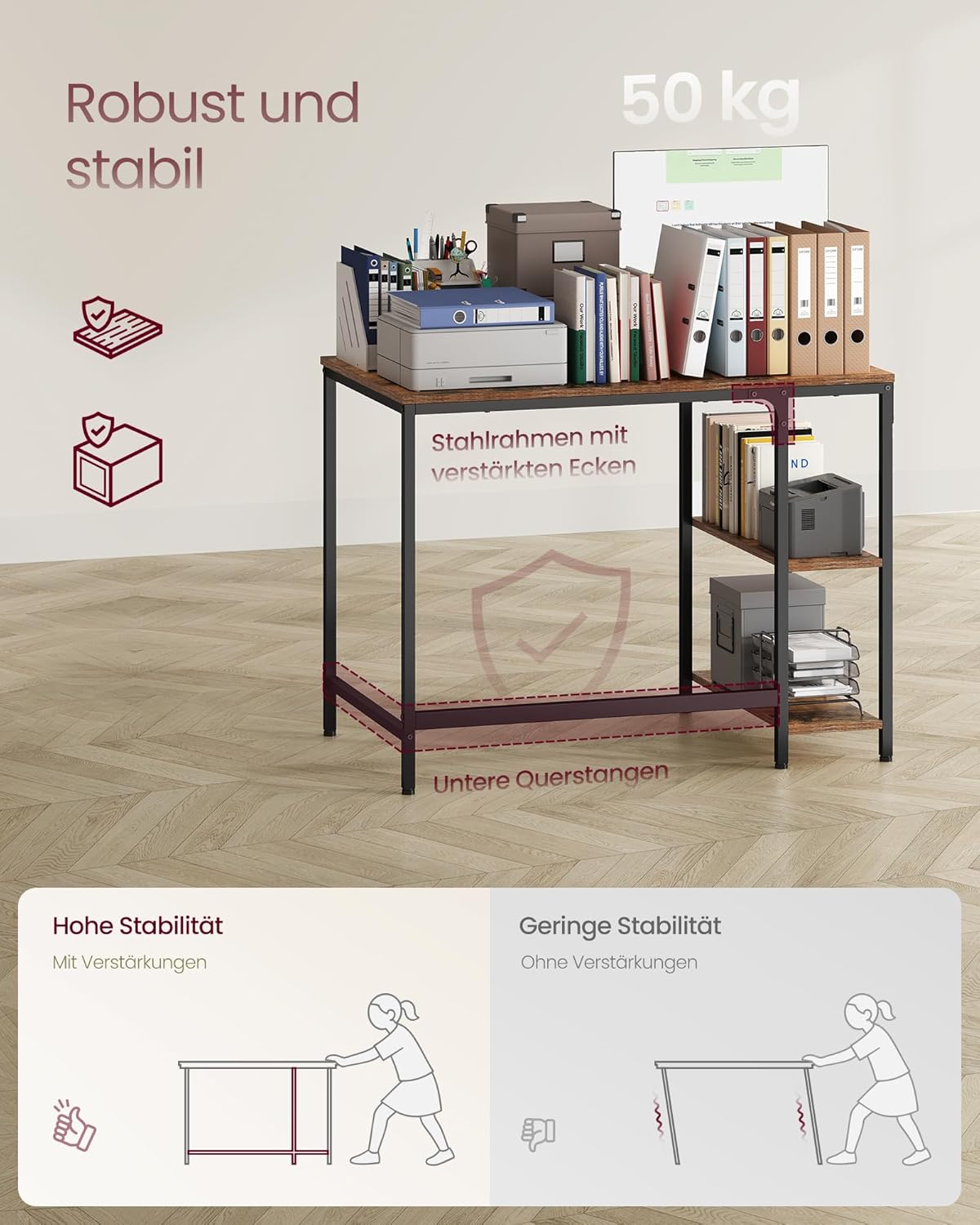 VASAGLE LWD046B01 Schreibtisch, Computertisch, PC-Schreibtisch, Bürotisch mit 2 Ablagen auf der rechten oder linken Seite, für Büro, Wohnzimmer, Stahlgestell, Industriedesign, Vintage-Braun/Schwarz – Bild 6