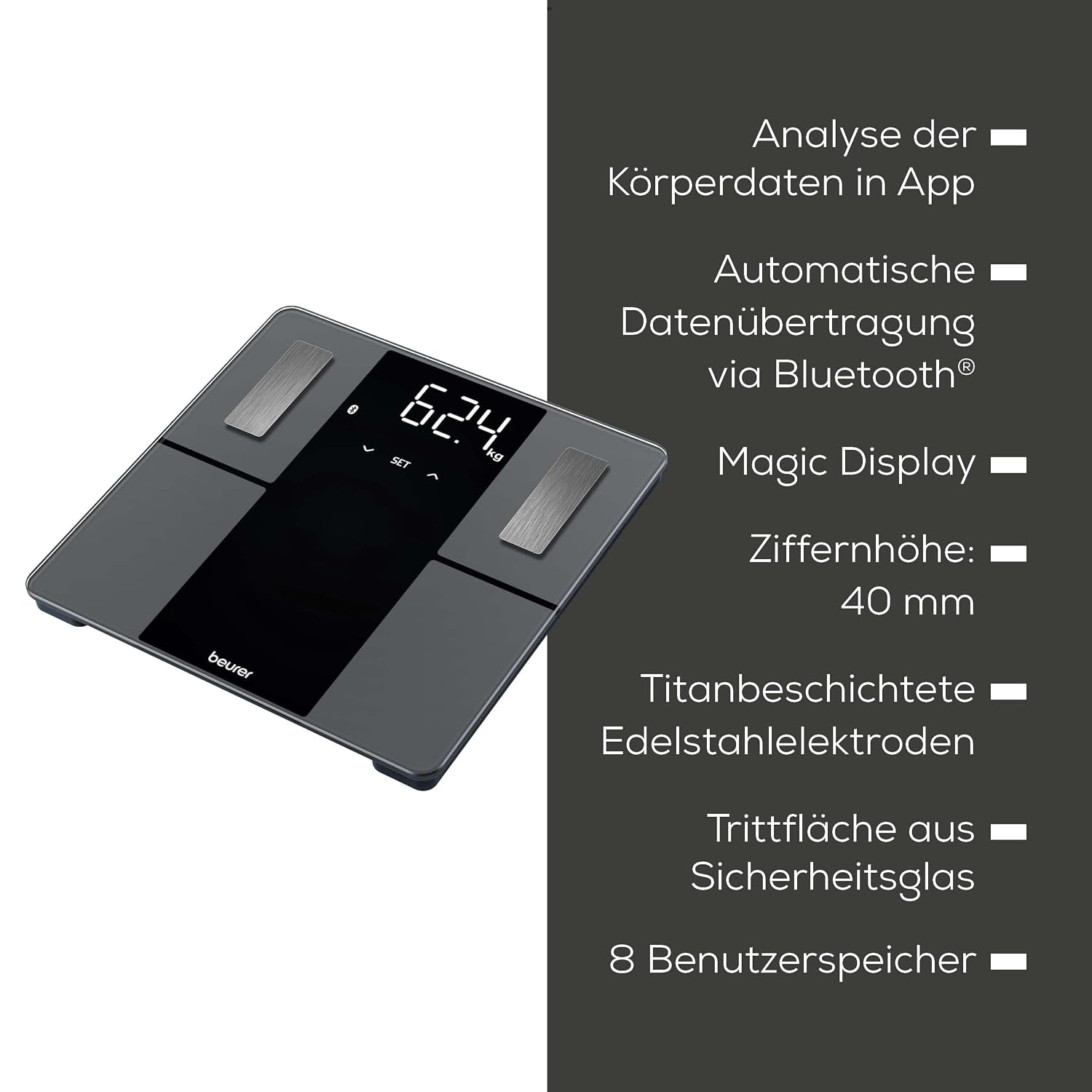 Beurer BF 500 Diagnosewaage mit Bluetooth, digitale Körperwaage mit App, Ermittlung und Analyse von Körperwerten, Messung von Körperfett- und Muskelanteil, extragroßes Display – Bild 7