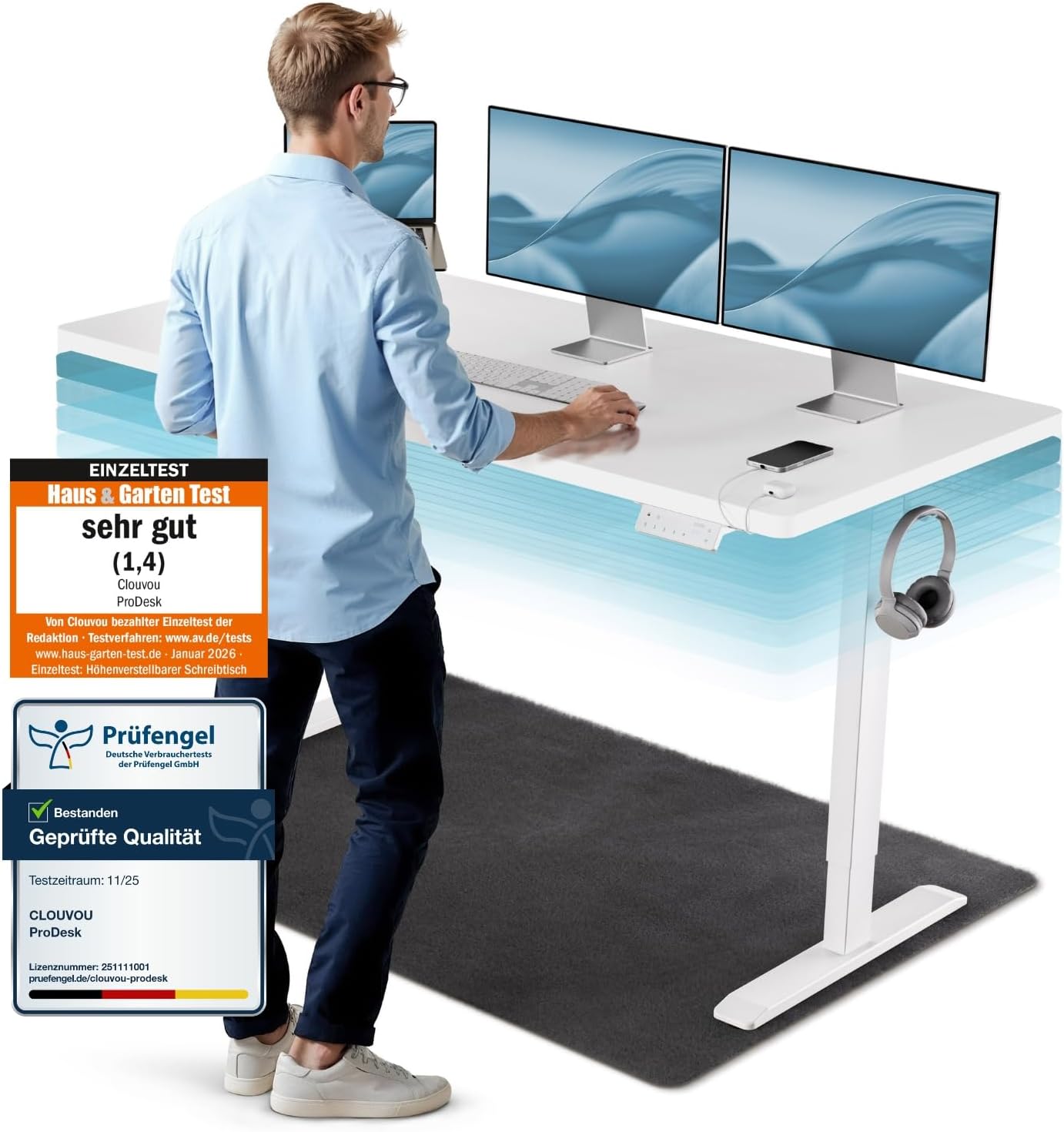 CLOUVOU ProDesk höhenverstellbarer elektrischer Schreibtisch 160 x 80 cm (Testsieger). Doppelmotorischer Schreibtisch, höhenverstellbarer elektrischer Schreibtisch mit Speicher, 2 x USB und Kabelversteck