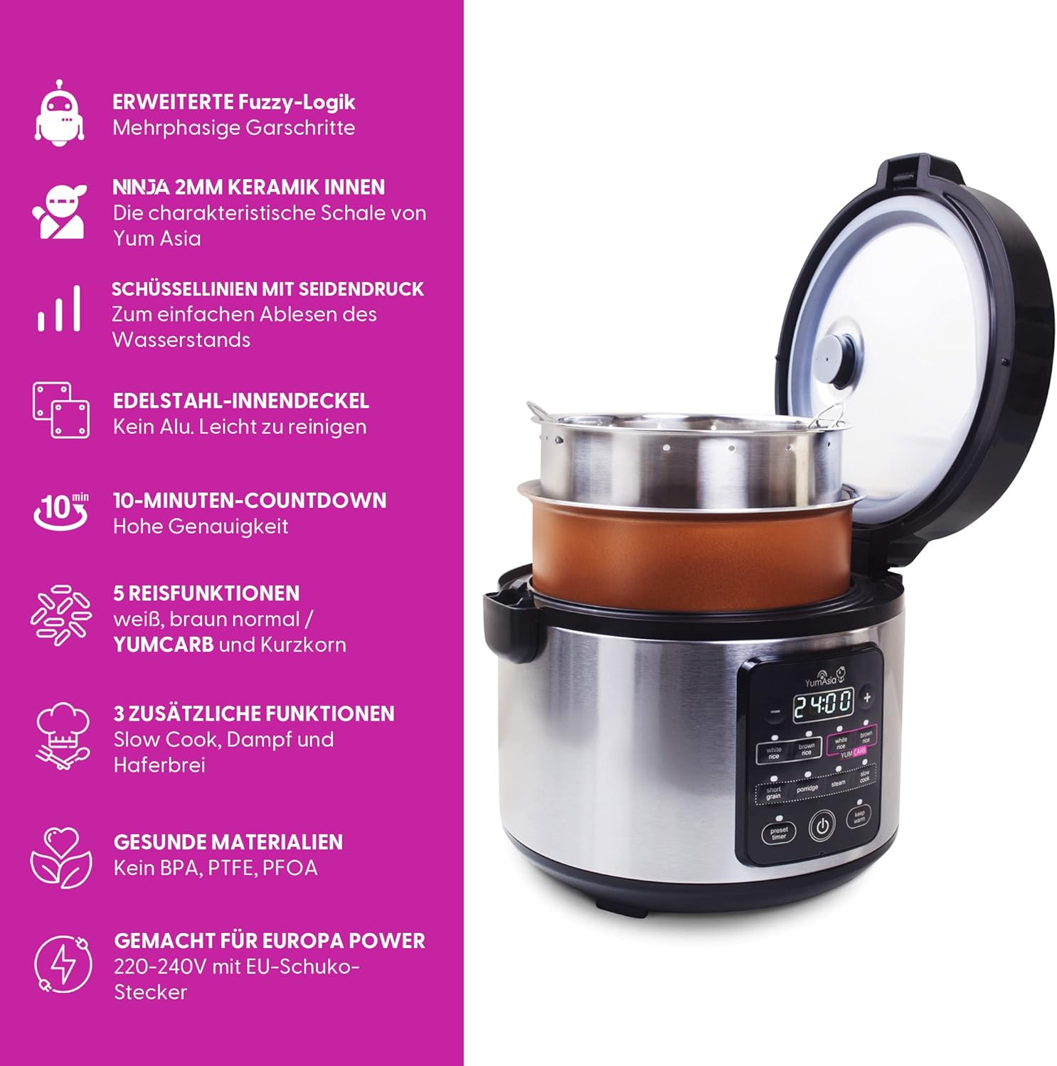 Yum Asia Kumo YumCarb Reiskocher mit Keramikschüssel und fortschrittlicher Fuzzy-Logik, 5 Reiskochfunktionen, 3 Multikocherfunktionen, (5,5 Tassen, 1 Liter), 220–240 V, UK/EU – Bild 3