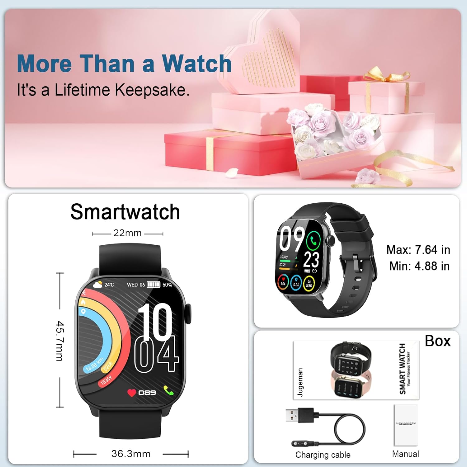 Smartwatch Herren Damen 1,96 Zoll HD Fitnessuhr mit Telefonfunktion Smart Watch mit SpO2 Herzfrequenzmesser Schlafmonitor Schrittzähler Uhr 110+ Sportmodi Fitness Tracker IP68 Wasserdicht Sport – Bild 8