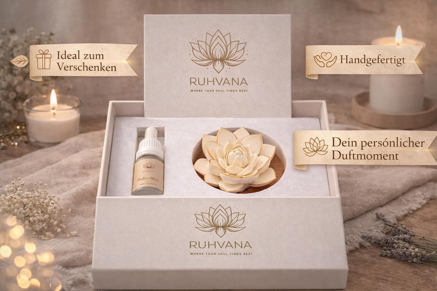 Lotus-Aroma-Diffusor – handgefertigter Gips-Duftstein/Aromastein mit Holzsockel | Natürliche Aromatherapie ohne Strom | Enthält 10 ml Amber Allure Duftöl – Bild 8