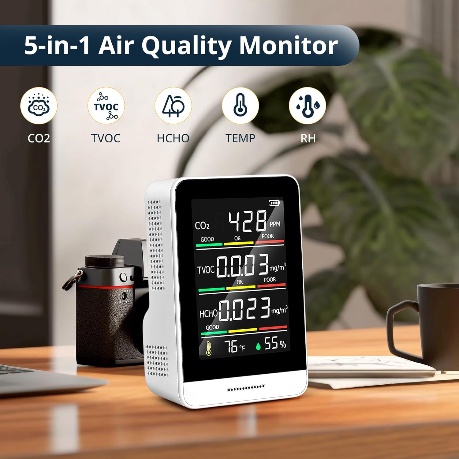 5-in-1-Raumluftqualitätsmonitor, Luftverschmutzungsmonitor mit CO2, HCHO, TVOC, Temperatur und Luftfeuchtigkeit, Echtzeit-Datenaufzeichnung, kompakt, tragbar – Bild 2