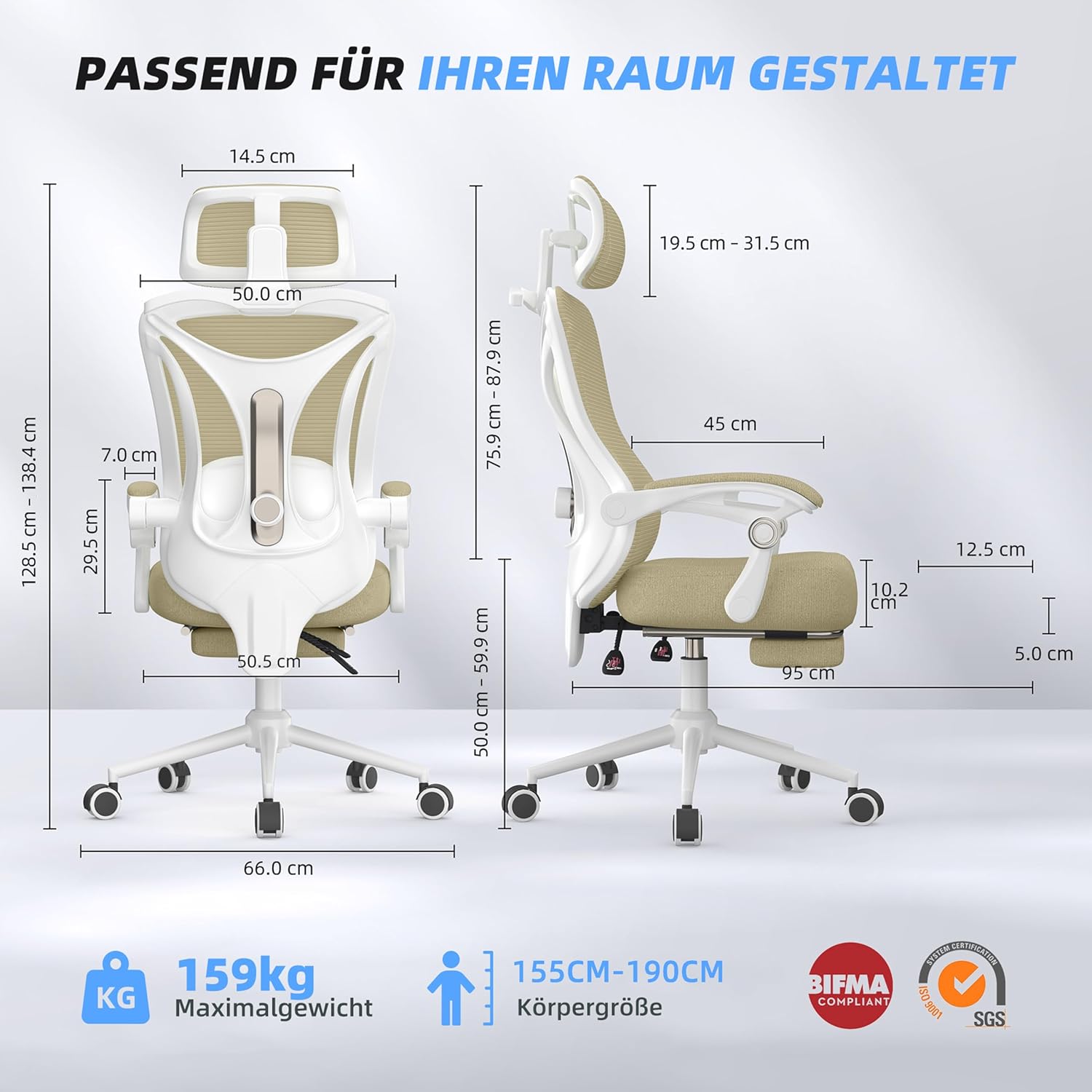 CYKOV Ergonomischer Bürostuhl mit Fußstütze, Bürostuhl & Gaming-Stuhl 150 kg+, 90-160° verstellbare Rückenlehne, verstellbare Lendenwirbelstütze und Kopfstütze, PC-Stuhl & Drehstuhl für Home Office – Bild 2