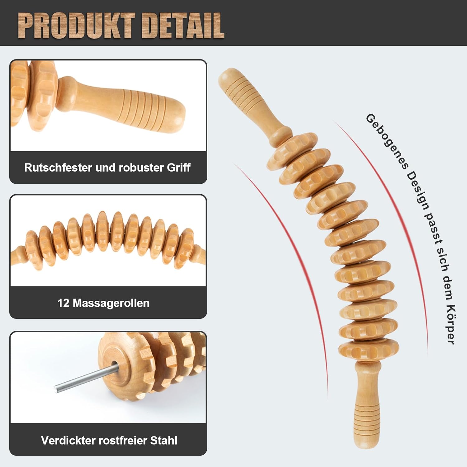 Faszienrolle aus Holz, Premium Faszienstab mit Griff, Massagerolle zur Körperformung, Anti Cellulite, Massageholz für Rücken, Nacken, Beine, Rücken – Bild 4