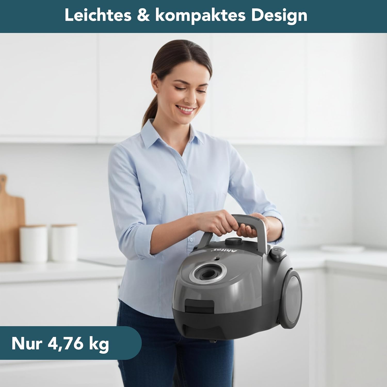 Akitas C5 Staubsauger mit Beutel, 850 W starke Saugleistung, 9 m Aktionsradius, HEPA-Filter für Allergiker und Haustiere, Wessel-Werk Bodendüse, inklusive 3 Zubehörteilen, kompakt und leicht – Bild 8