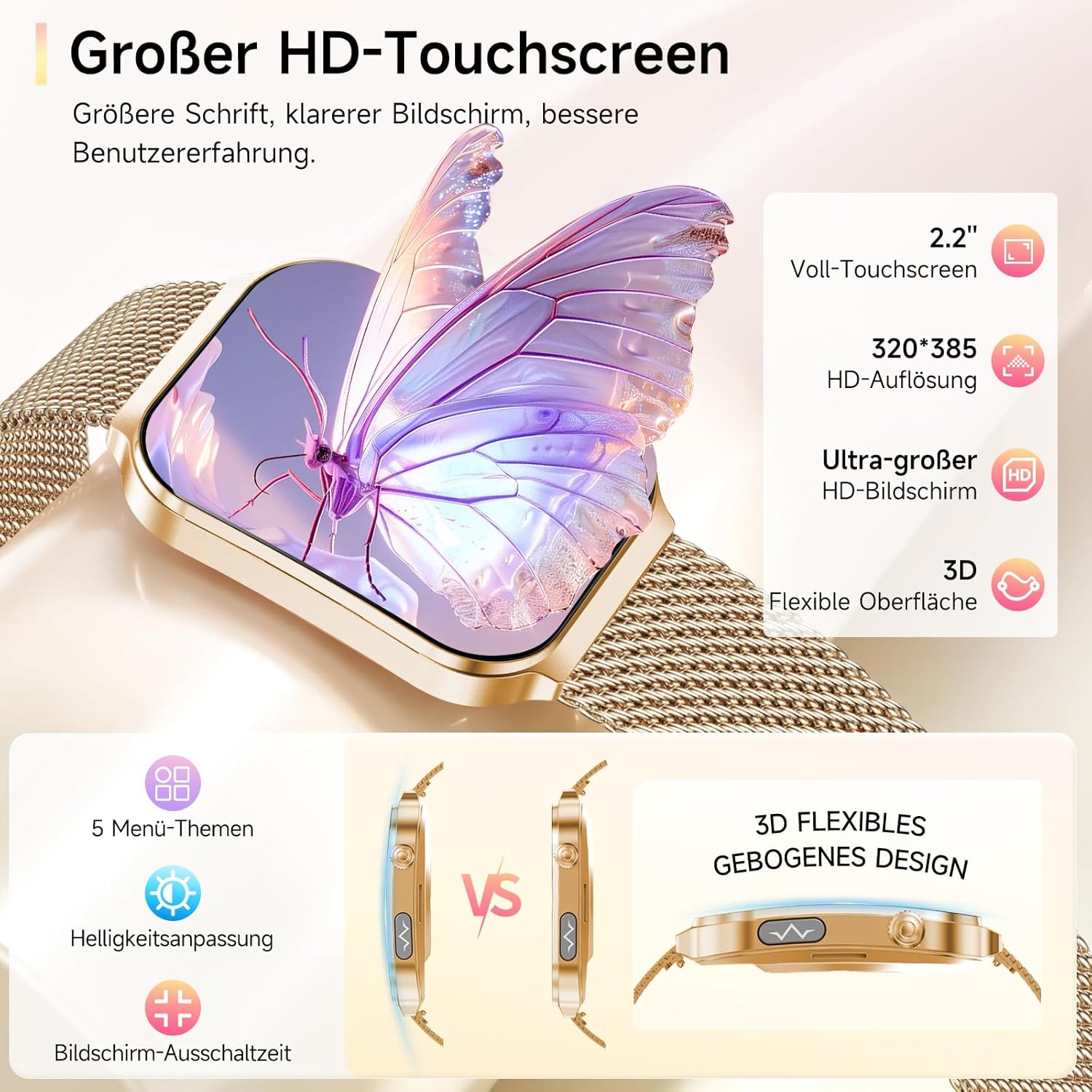 2026 Damen-Smartwatch mit EKG + HRV/BMI/Mikro-Gesundheitscheck/Harnsäure, 2,2-Zoll-Upgrade-Gesundheitsuhr mit 3D-gebogenem Display und 24-Stunden-Blutdruck-Herzfrequenz-Schlafmonitor für Android/iOS – Bild 3