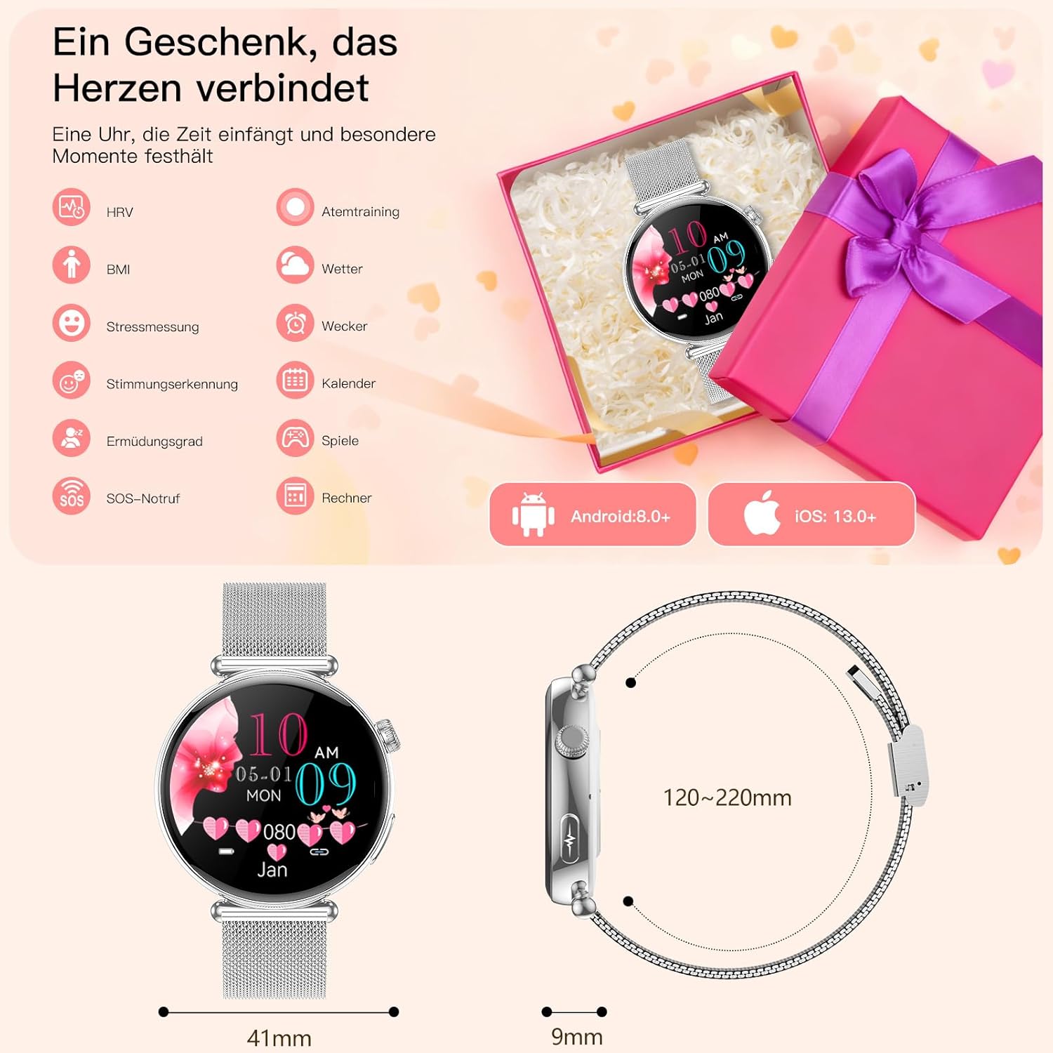 2026 Damen-Smartwatch mit EKG-/Blutdruckmessung, 1,32 Zoll AOD-Gesundheitsuhr mit AI-Zifferblatt und AI Smart Q&A, Bluetooth-Anrufe/SpOE₂/Schlaf/Puls/HRV/BMI/Menstruationszyklus/Stress, kleine Runde – Bild 7