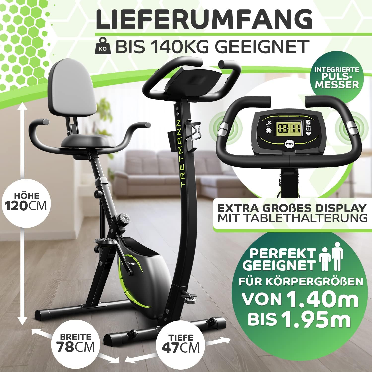Tretmann 3-in-1-Klapp-Heimtrainer – Extra leise & komfortabel – (SoftFoam) Dekra-geprüft – mit tiefem Einstieg. Heimtrainer, Fahrrad-Ergometer, Heimtrainer, faltbare Heimfitness-Fahrräder – Bild 4