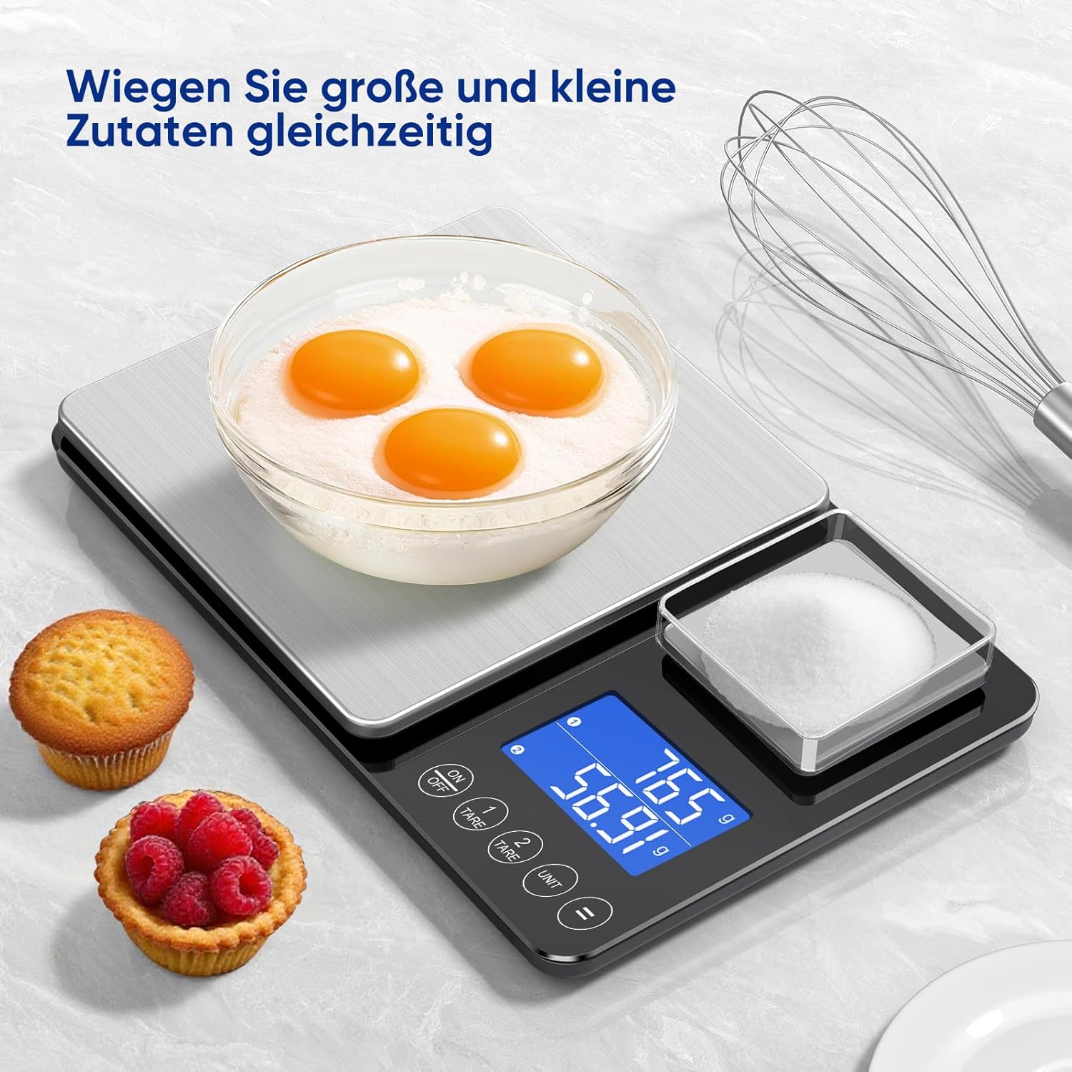 KUAIVO Digitale Küchenwaage 15 kg / 0,01 g, hochpräzise Zweibereichs-Küchenwaage mit Addierfunktion, Tara-Funktion, 7 Maßeinheiten, Küchenwaage zum Kochen und Brotbacken, inklusive Batterien – Bild 2