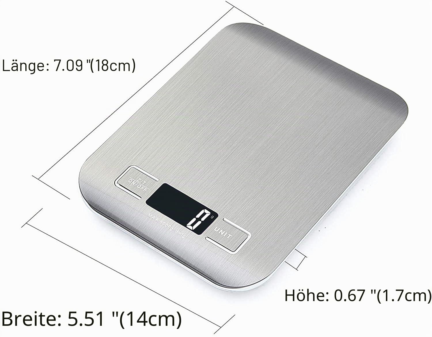 Home Fashion Digitale Küchenwaage, Lebensmittelwaage aus Edelstahl mit 5 kg Tragkraft und 1 g Präzision, Küchenwaage mit beleuchtetem LCD-Display, 5 Einheiten, Tara-Funktion, Silber – Bild 5