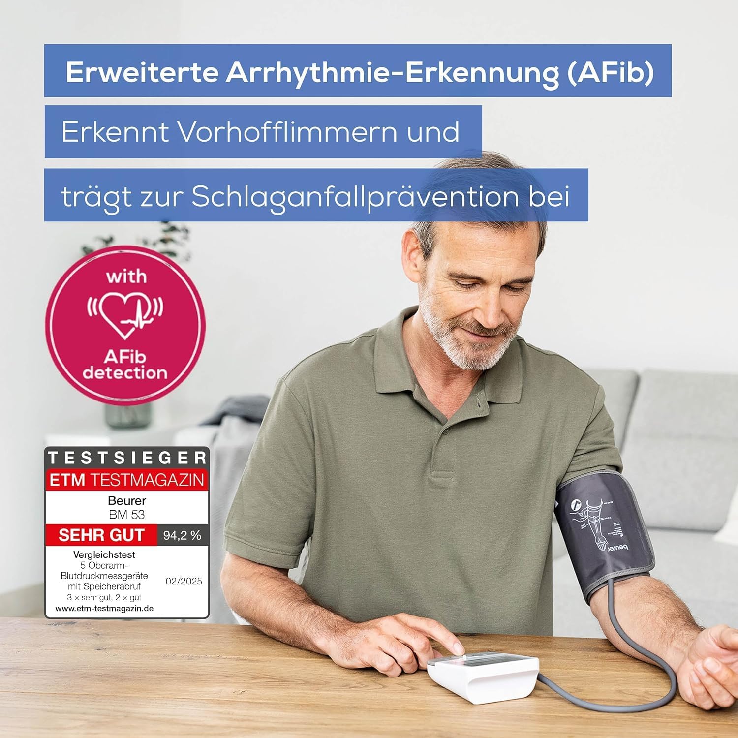 Beurer BM 53 Oberarm-Blutdruckmessgerät, hergestellt in Europa, klinisch validiert, AFib-Erkennung zur Schlaganfallprävention, Risikoindikator, Armumfang, Datenübertragung an Apple Health und Co., grau/weiß – Bild 2