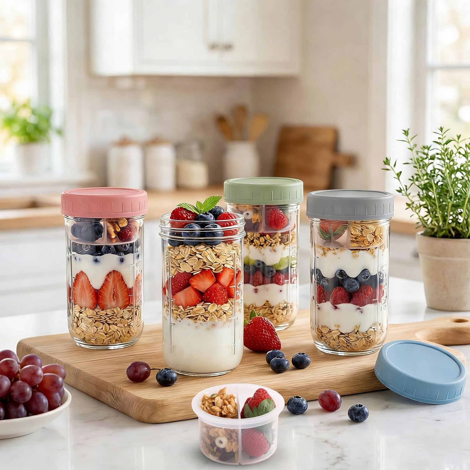 4 Stück Overnight Oats Gläser 640 ml Meal Prep Gläser mit Schichtung, Overnight Oats Behälter mit Schraubdeckel, Trocken- und Nasstrennung Müslibecher, Joghurtbecher für Salat, Joghurt, Müsli – Bild 6