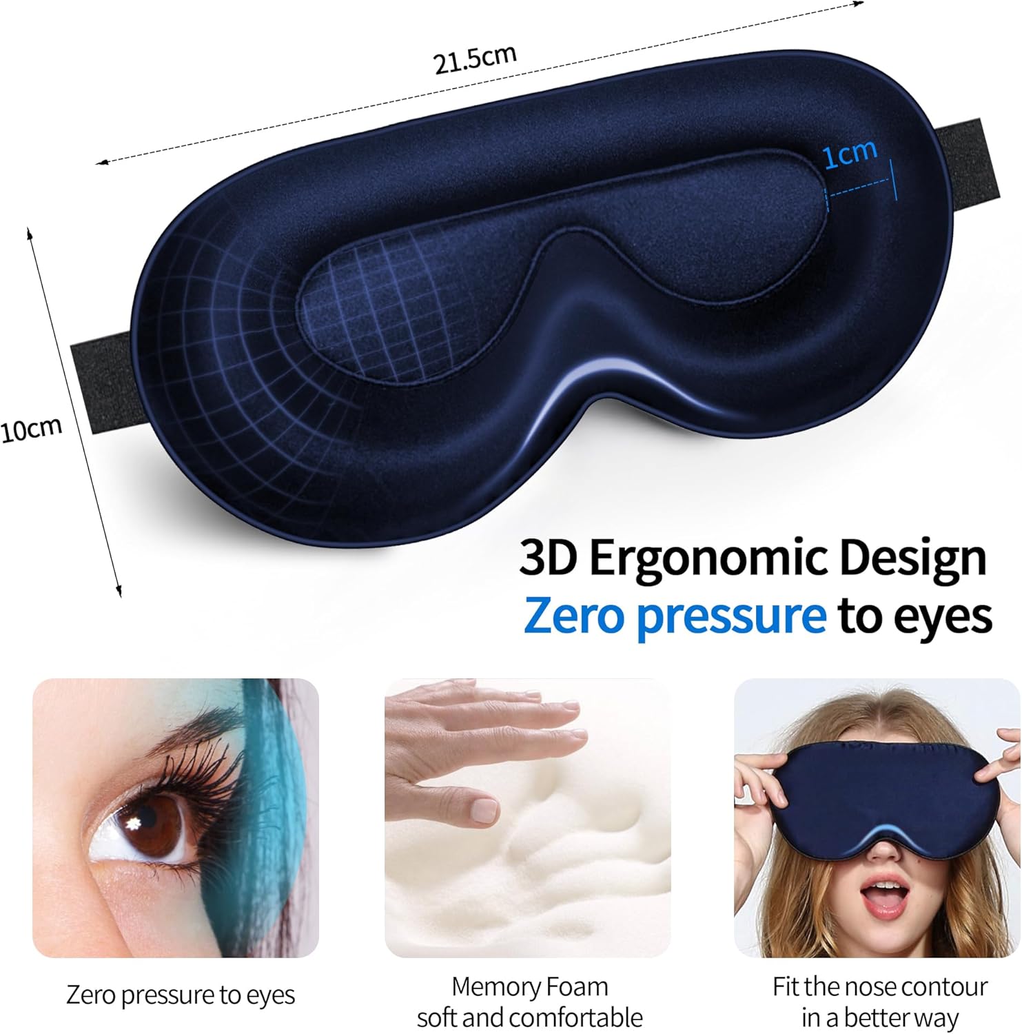 townsslik 3D-Schlafaugenmaske, doppelseitig, 19 mm, luxuriöse Maulbeerseide, keine Beeinträchtigung der Wimpern, angenehm für die Augen, verstellbarer Schultergurt, schöne Geschenke, Marineblau – Bild 3