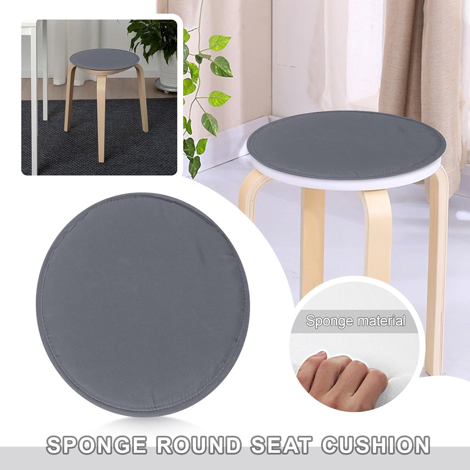 Set mit 2 tragbaren runden Sitzkissen, 30 x 30 x 2 cm, Memory-Schaum mit Riemen, rutschfest, gemütlich, abnehmbar, waschbar, Perlbaumwoll-Stuhlkissen für Wohnzimmer, Küche, Konferenzraum, Garten, 2er-Set, dunkelgrau – Bild 4