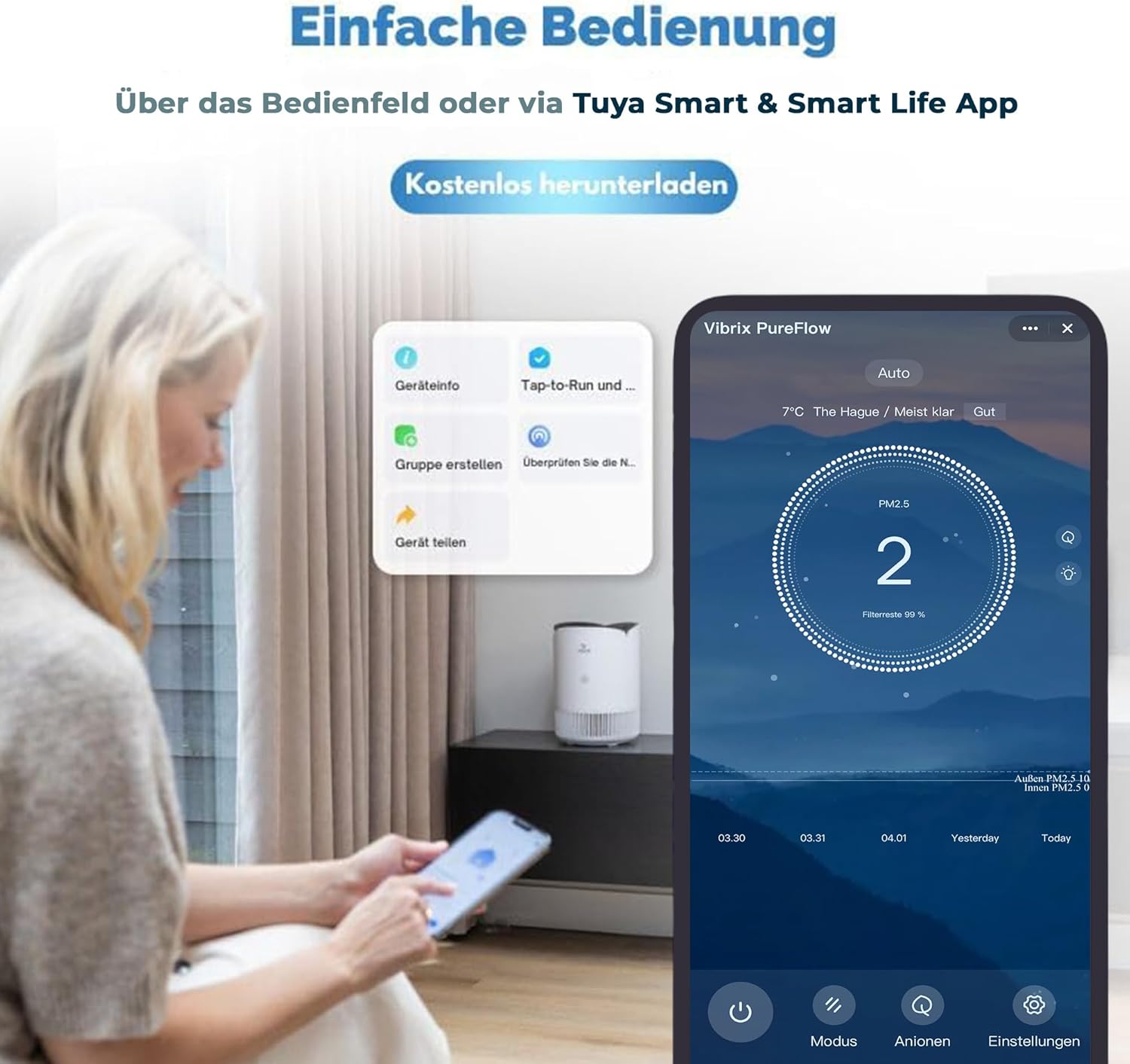 PureFlow30 Luftreiniger für Allergiker, HEPA H13 Filter & Ionisator, 180 m³/h CADR, entfernt 99,95 % Staub, Pollen & Allergene, flüsterleise 25 dB, Luftreiniger mit App-Steuerung, ideal für Räume bis 30 m² – Bild 2