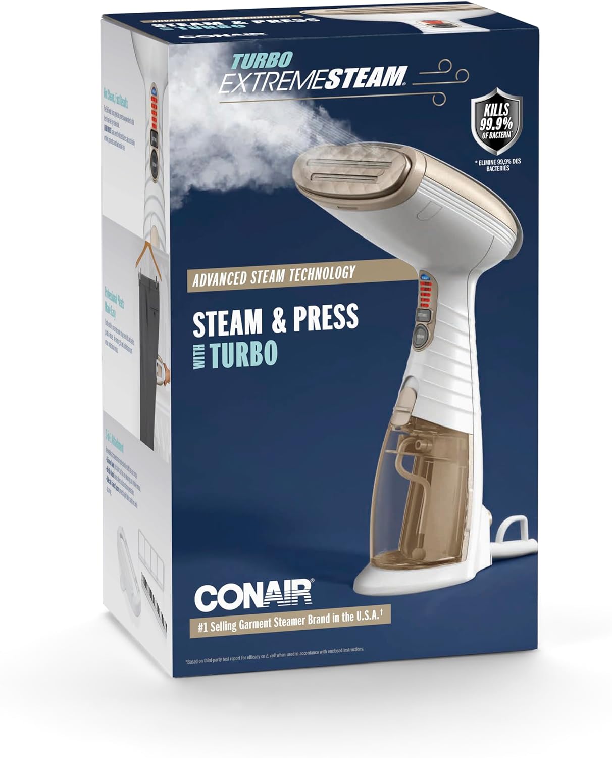 Conair Turbo ExtremeSteam Dampfgarer mit 5 Einstellungen | Dampfleistung 25 g/min | Schnelle Aufheizzeit | 3 Aufsätze für feine und schwere Stoffe + Falten | Weiß/Beige – Bild 11