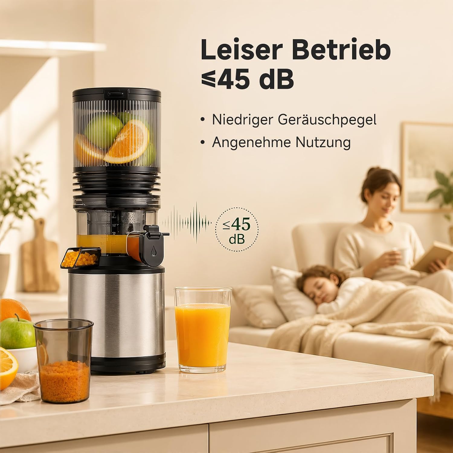 AMZCHEF Entsafter – Langsamer Entsafter mit 158 mm Einfüllschacht für ganzes Gemüse und Obst, leicht zu reinigen, Kaltpress-Entsafter mit Saft- und Tresterbecher, hohe Saftausbeute, Silber/Schwarz – Bild 6