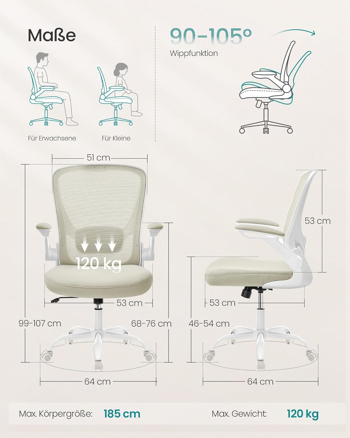 SONGMICS OBN037K02 Büro-Schreibtischstuhl, Netzdrehstuhl, ergonomisch, gepolsterte Lordosenstütze, Wippfunktion, 53 cm Sitzfläche, klappbare Armlehnen, Haferflockenbeige – Bild 2