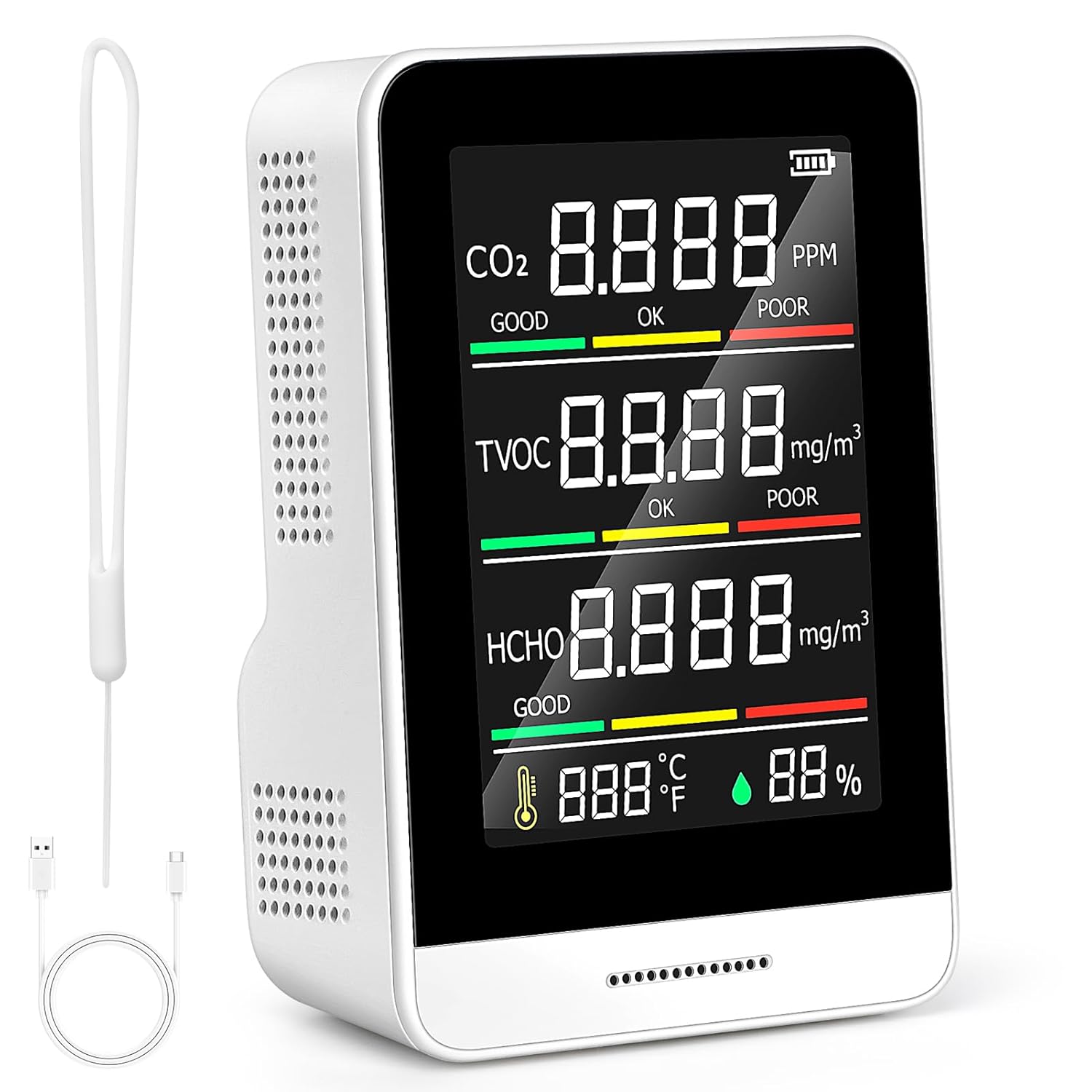 5-in-1-Raumluftqualitätsmonitor, Luftverschmutzungsmonitor mit CO2, HCHO, TVOC, Temperatur und Luftfeuchtigkeit, Echtzeit-Datenaufzeichnung, kompakt, tragbar