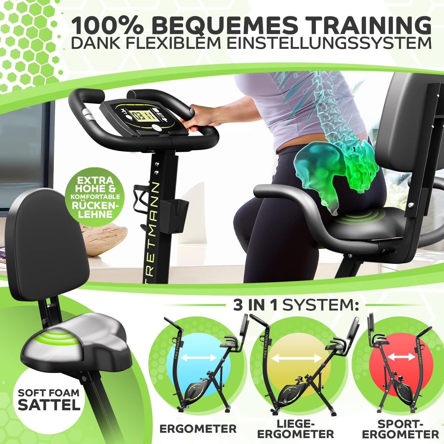 Tretmann 3-in-1-Klapp-Heimtrainer – Extra leise & komfortabel – (SoftFoam) Dekra-geprüft – mit tiefem Einstieg. Heimtrainer, Fahrrad-Ergometer, Heimtrainer, faltbare Heimfitness-Fahrräder – Bild 2