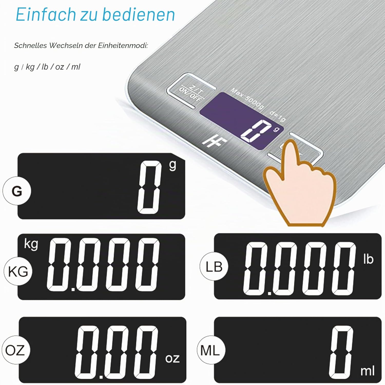 Home Fashion Digitale Küchenwaage, Lebensmittelwaage aus Edelstahl mit 5 kg Tragkraft und 1 g Präzision, Küchenwaage mit beleuchtetem LCD-Display, 5 Einheiten, Tara-Funktion, Silber – Bild 4