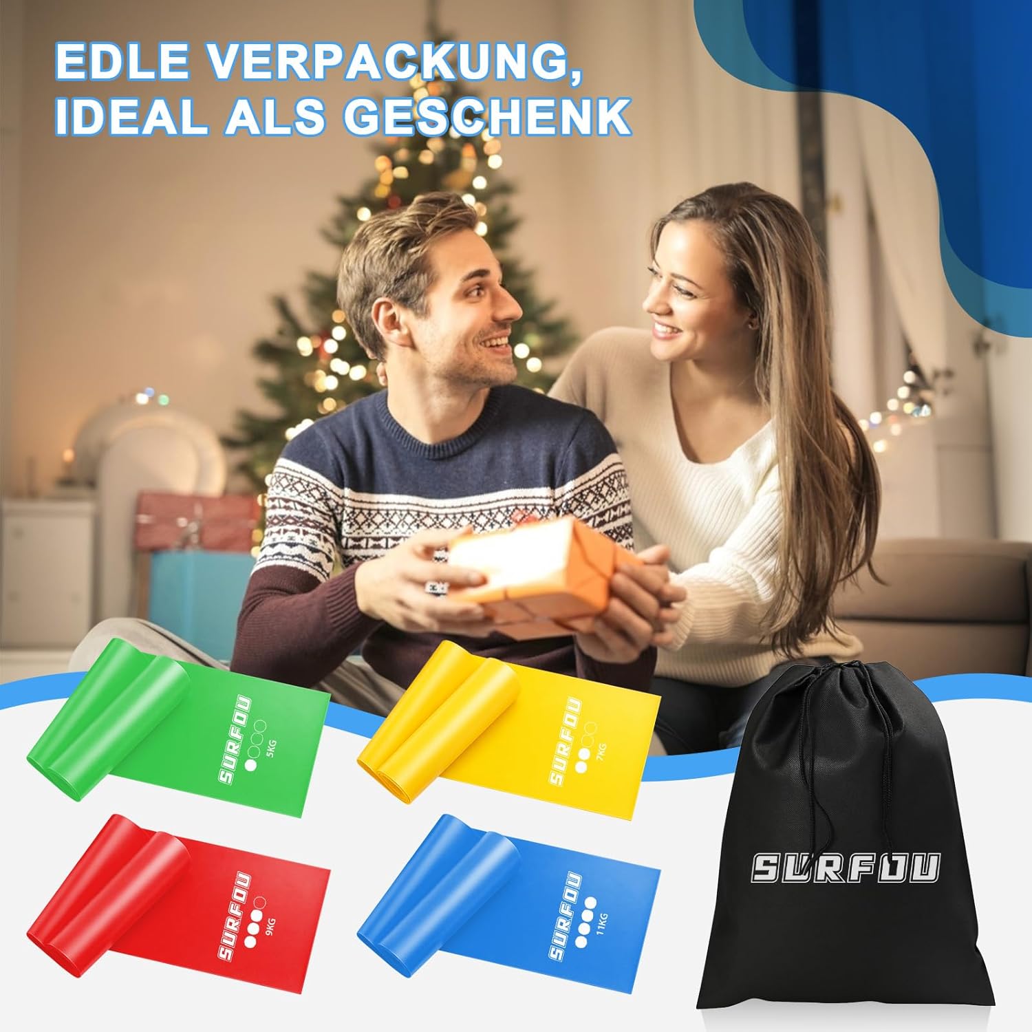SURFOU Fitnessbänder-Set mit 4 Widerstandsstufen, hautfreundliche Widerstandsbänder mit Tragetasche, Übungsband, ideal für Fitnessstudio, Zuhause, Yoga, Pilates, Krafttraining und Rehabilitationstraining – Bild 7