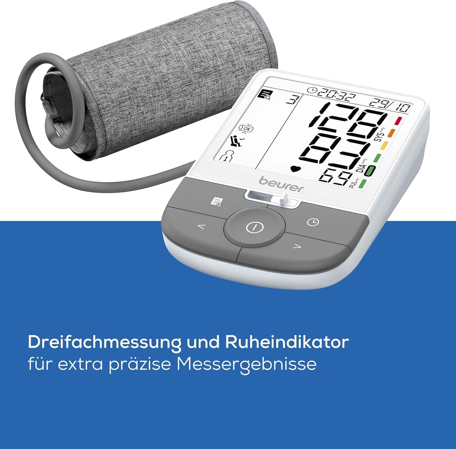 Beurer BM 53 Oberarm-Blutdruckmessgerät, hergestellt in Europa, klinisch validiert, AFib-Erkennung zur Schlaganfallprävention, Risikoindikator, Armumfang, Datenübertragung an Apple Health und Co., grau/weiß – Bild 3