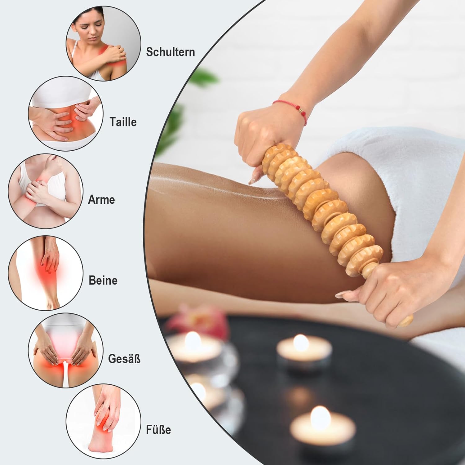 Faszienrolle aus Holz, Premium Faszienstab mit Griff, Massagerolle zur Körperformung, Anti Cellulite, Massageholz für Rücken, Nacken, Beine, Rücken – Bild 5
