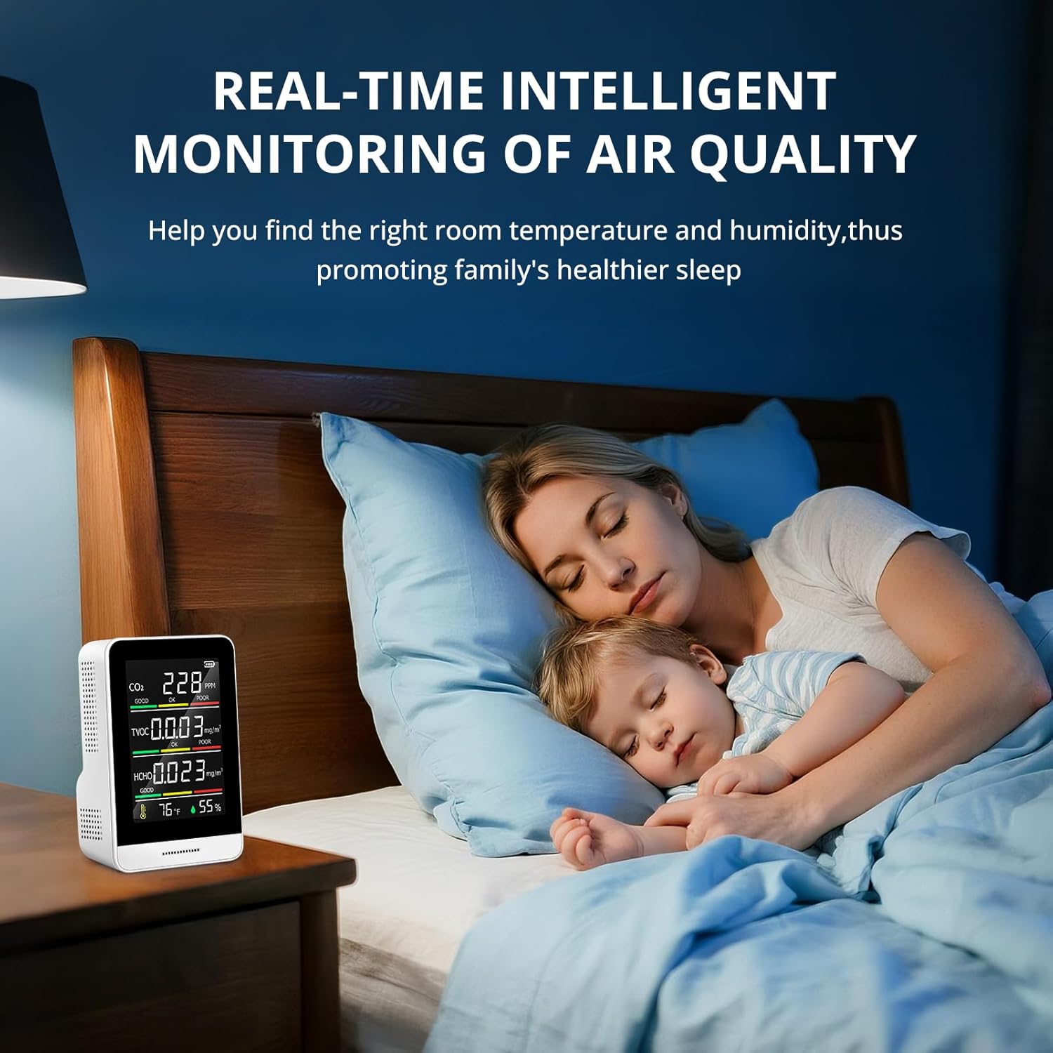 5-in-1-Raumluftqualitätsmonitor, Luftverschmutzungsmonitor mit CO2, HCHO, TVOC, Temperatur und Luftfeuchtigkeit, Echtzeit-Datenaufzeichnung, kompakt, tragbar – Bild 4