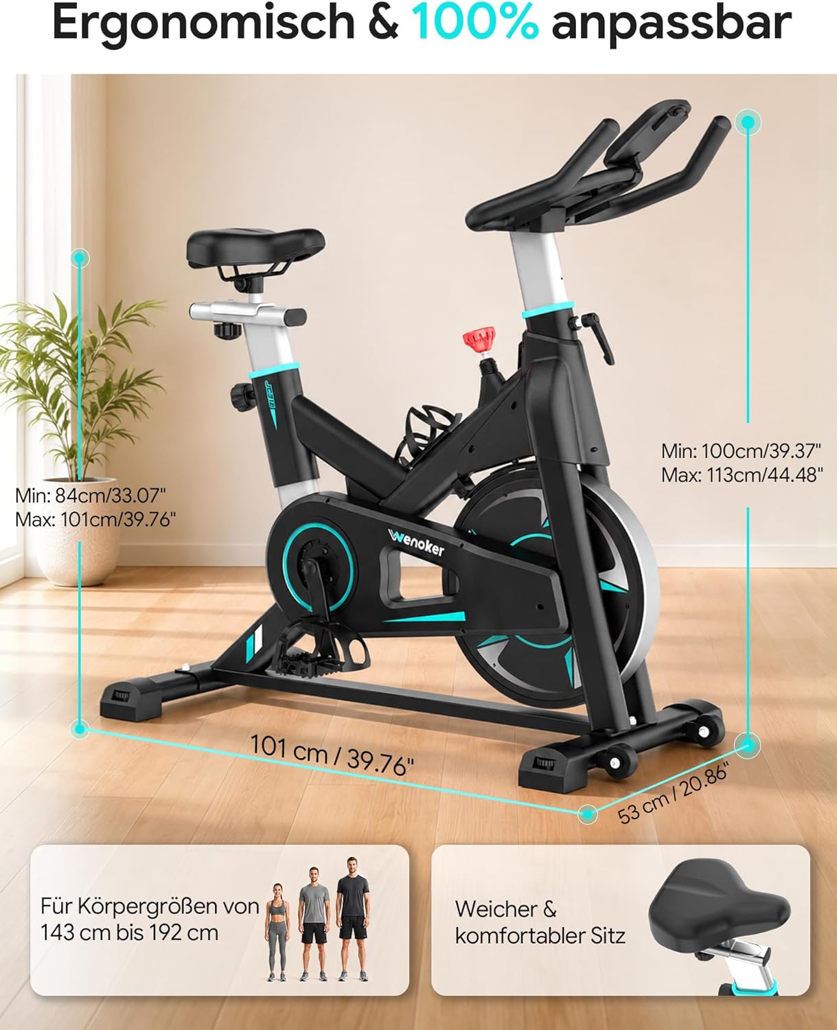 Wenoker Heimtrainer – Flüsterleises Indoor-Spinning-Bike, Ergometer mit magnetischem Widerstand, schweres Schwungrad, LCD-Monitor, stationäres Fahrrad, maximale Belastung 160 kg – Bild 2