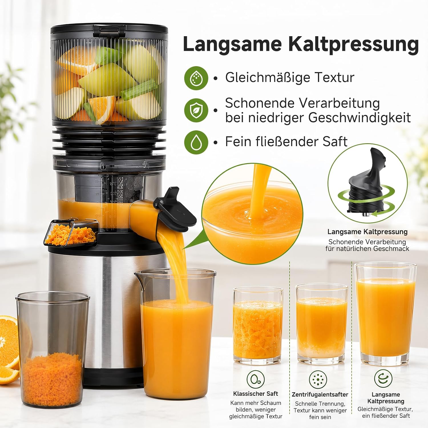 AMZCHEF Entsafter – Langsamer Entsafter mit 158 mm Einfüllschacht für ganzes Gemüse und Obst, leicht zu reinigen, Kaltpress-Entsafter mit Saft- und Tresterbecher, hohe Saftausbeute, Silber/Schwarz – Bild 5