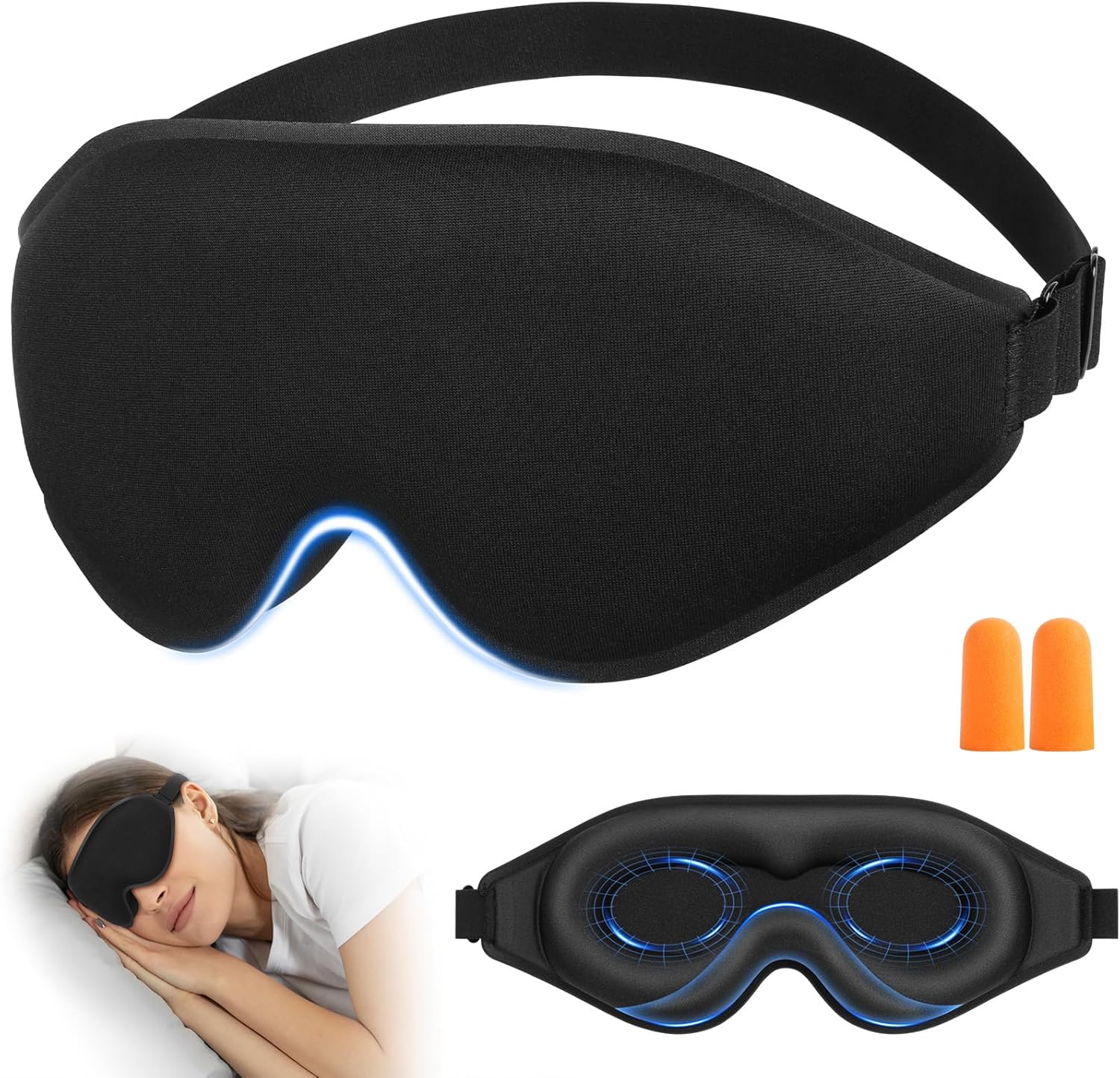 URAQT 3D-Schlafmaske für Seitenschläfer, 3D-Schlafmaske mit Augenhöhlen, Augenmaske zum Schlafen ohne Augendruck für Männer und Frauen mit verstellbarem Gummiband, 1 Paar Ohrstöpsel, Schwarz – Bild 8
