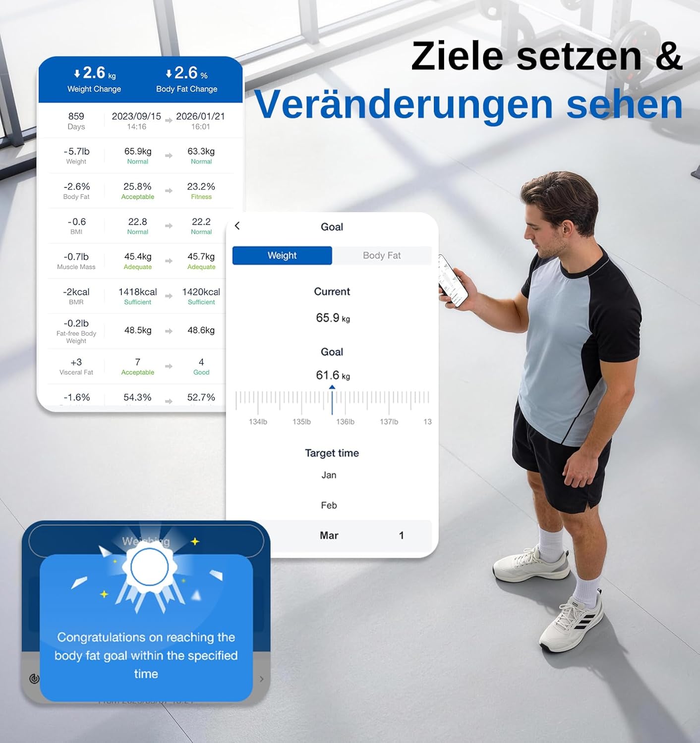GE Körperfettwaage Digitalwaage Personen, 8 Elektroden Körperwaage mit Körperfett und Muskelmasse, BMI, Analyse von 50 Körperparametern, Smarte Personenwaage mit Bluetooth, 180 kg, Schwarz – Bild 5