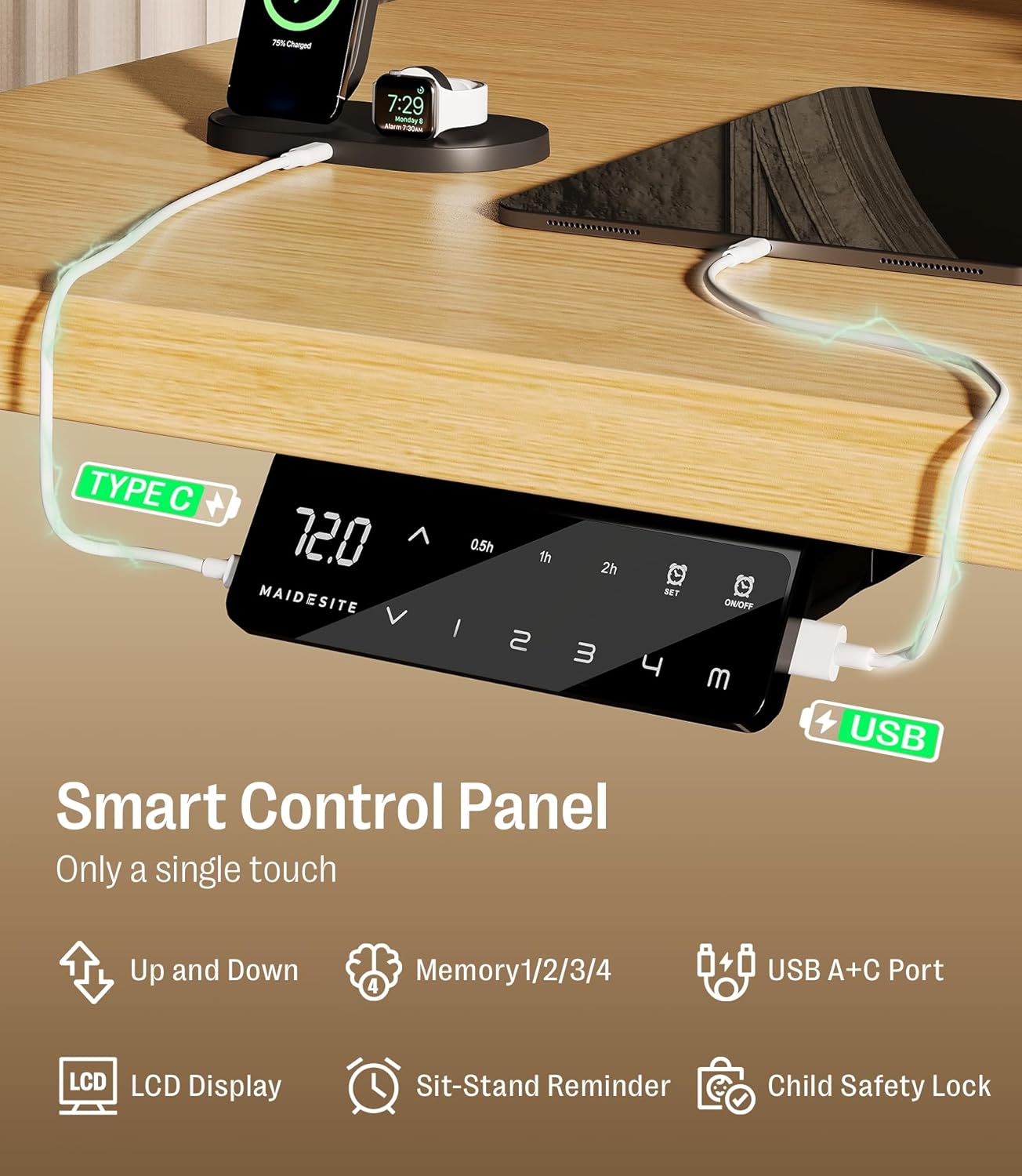 MAIDeSITe S2 Pro höhenverstellbarer Schreibtisch (140 x 70 cm), höhenverstellbarer elektrischer Stehtisch, energieeffizient, flüsterleiser Doppelmotor, Tragkraft 160 kg mit Kollisionsschutzfunktion – Bild 6