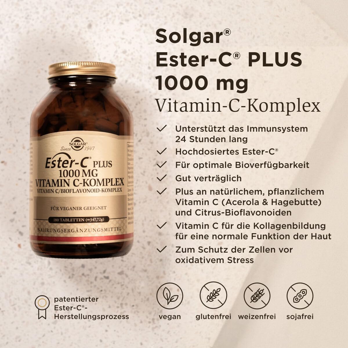SOLGAR Ester-C Plus (1000 mg) | Vitamin-C-Komplex mit patentiertem Ester-C, Zitrus-Bioflavonoiden, Acerola-Extrakt, Hagebuttenpulver und Rutin | 180 vegane Tabletten – Bild 2