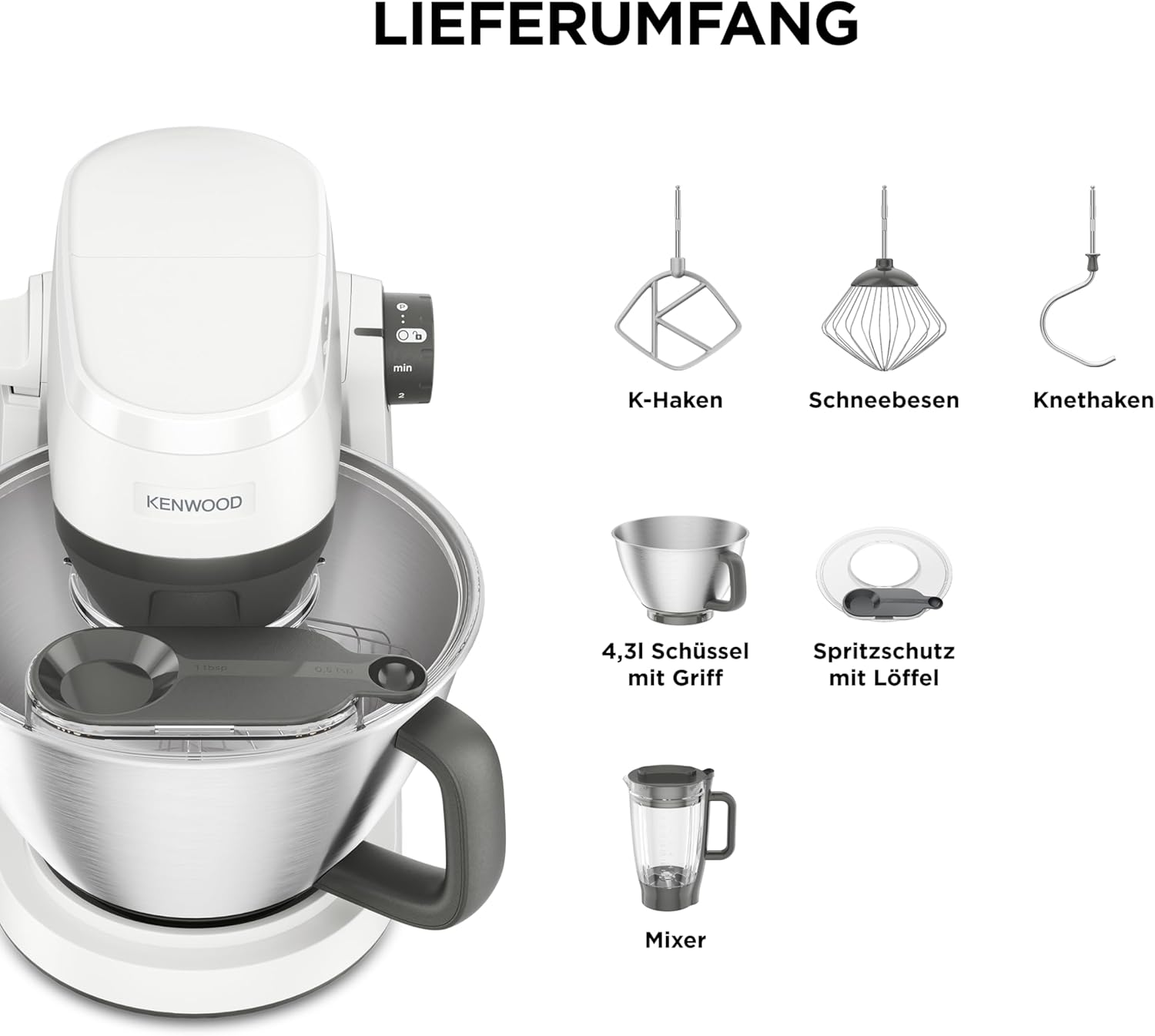 Kenwood Multi Tasker – Küchenmaschine mit Standmixer-Aufsatz, 1000-W-Motor, 44 % leise*, 4,3-l-Schüssel (1,7 kg Teig), 7 Ebenen, Rührarmlift, Zubehörfach, Spritzschutz, Weiß – Bild 7