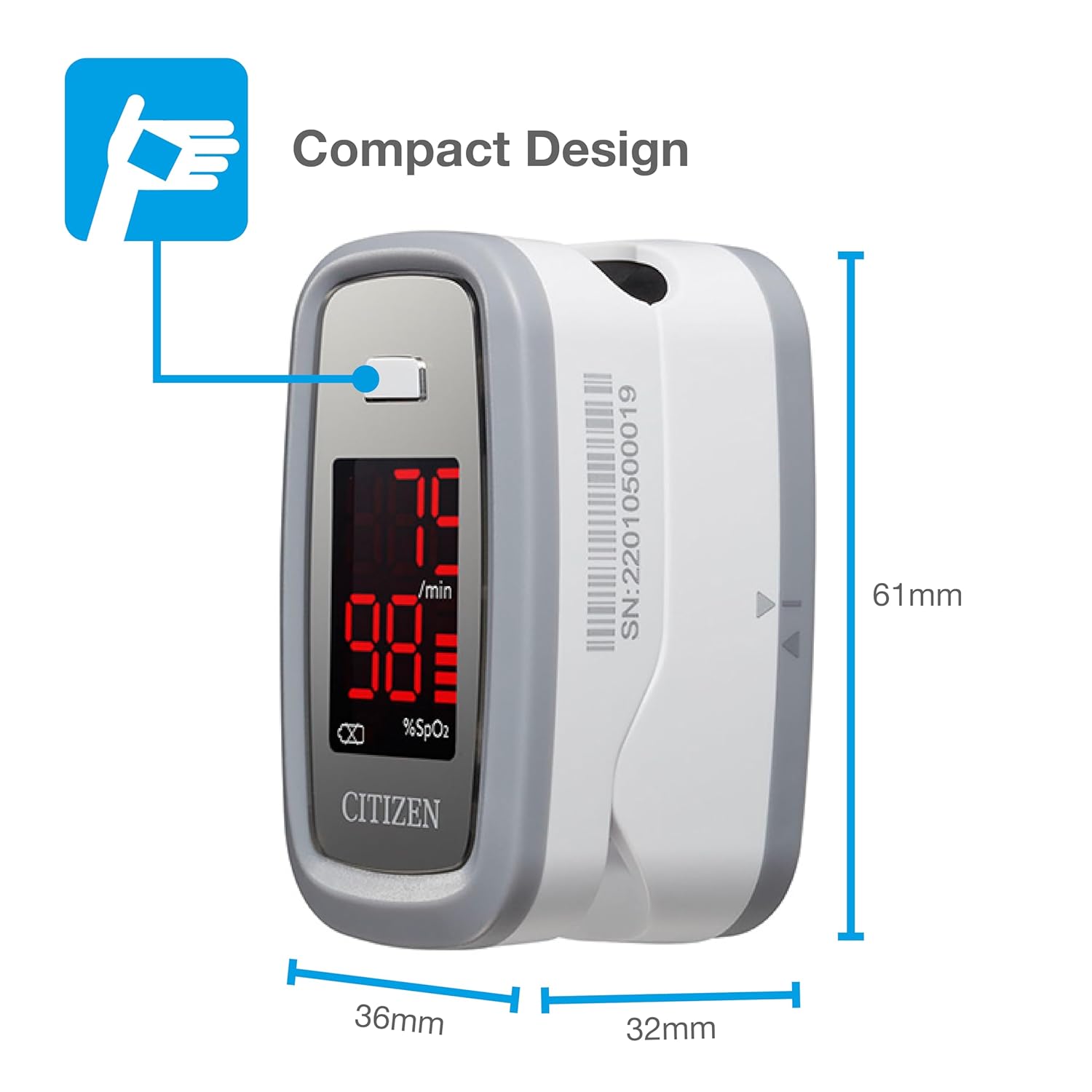 Citizen Fingerpulsoximeter CMS50DL1 Sauerstoffmessgerät Pulsmesser | Zuverlässige SpO2-Kontrolle für zu Hause, Ein-Knopf-Bedienung, großes LCD-Display und Trageband, inklusive 2 x AAA-Batterien – Bild 5