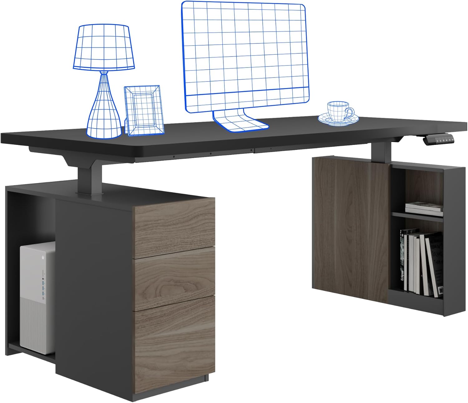 FLEXISPOT Höhenverstellbarer Schreibtisch, zweimotoriger elektrischer Schreibtisch, 25 mm einteilige Tischplatte, mit Untertischschublade und Stauraum, LED-Höhenanzeige mit Memory-Funktion, schwarz