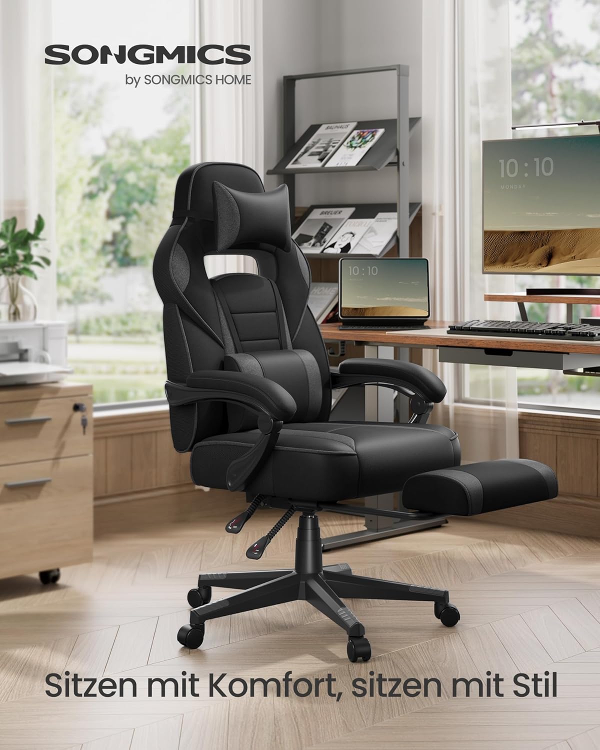 SONGMICS Gaming-Stuhl, Bürostuhl mit Fußstütze, Schreibtischstuhl mit Kopfstütze und Lendenkissen, höhenverstellbar, ergonomisch, maximale Belastung 150 kg, Tintenschwarz/Schiefergrau OBG073BH20 – Bild 3