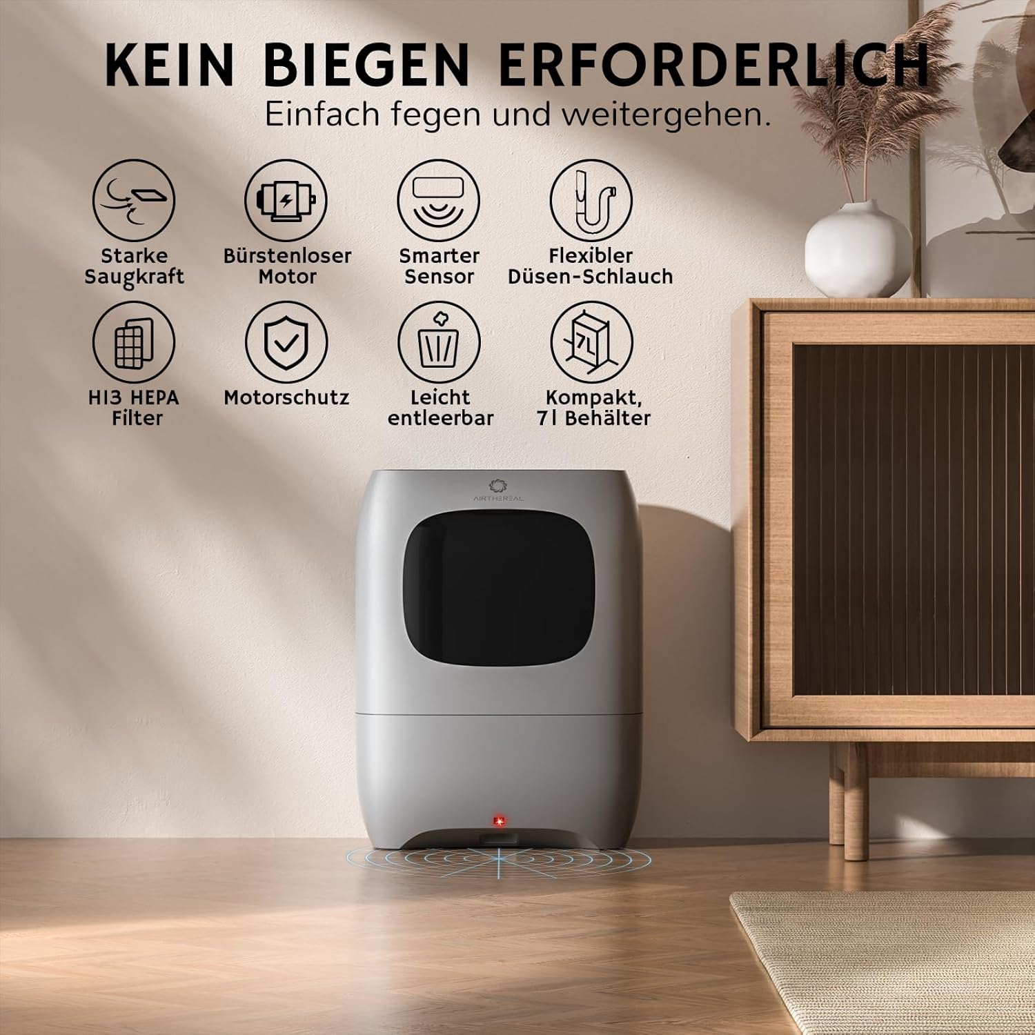 AIRTHEREAL T1 Kehrschaufel mit berührungsloser Saugfunktion, 20 kPa stationärer Staubsauger gegen Tierhaare, 1500 W kabelgebundene Absaugung mit Infrarotsensor, 7 l Staubbehälter, HEPA F8, rückenfreundlich (schwarz) – Bild 2