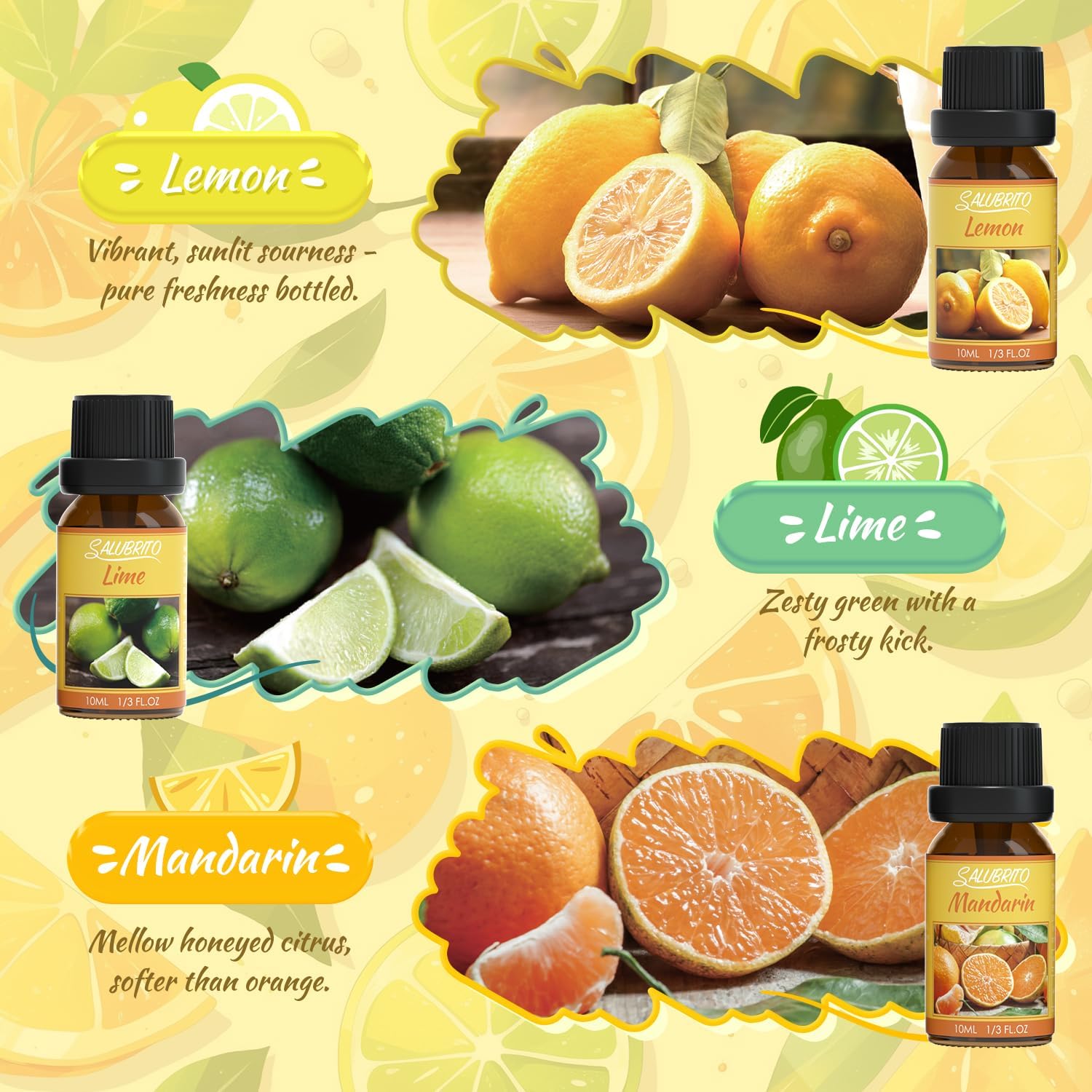 SALUBRITO Set mit ätherischen Zitrusölen, natürliche Zitrusdüfte, Duftöle für den Diffusor – Aromatherapieöl aus Süßorange, Bergamotte, Grapefruit, Zitrone, Mandarine und Limette – Bild 4