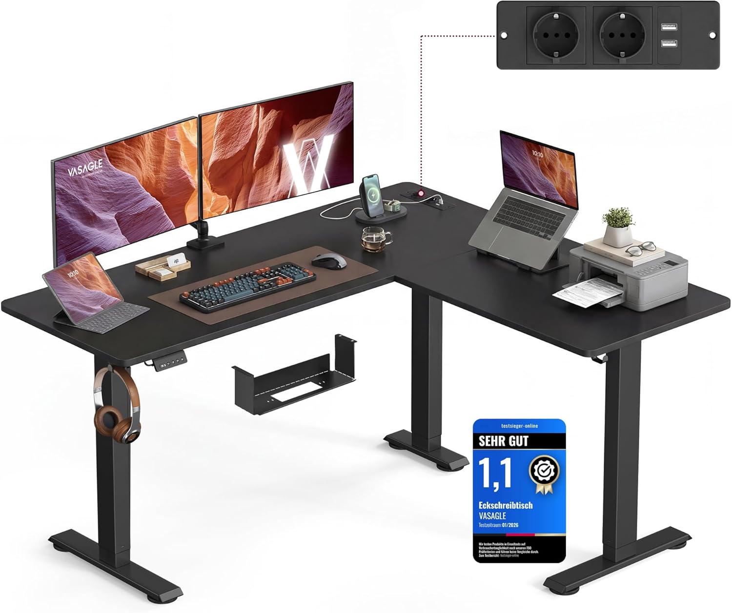 VASAGLE Höhenverstellbarer Schreibtisch, 160 x 140 cm, L-förmiger Eckschreibtisch, Stehpult, 2 AC-Steckdosen, 2 USB-A-Anschlüsse, Steckdosenleistenablage für das Büro, Tintenschwarz LSD264BZ01