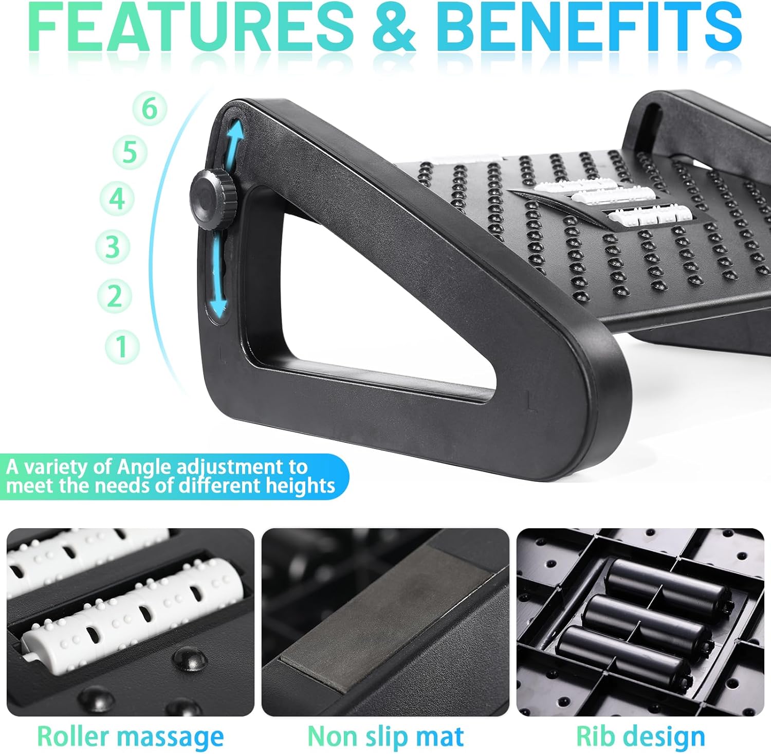 Fußstützen-Schreibtisch, höhenverstellbarer Fußhocker, ergonomische Fußstütze, rutschfeste Fußstütze mit Massagefunktion, Linderung von Bein-, Knie- und Rückenschmerzen, ideal für Zuhause, Büro und Reisen – Bild 5