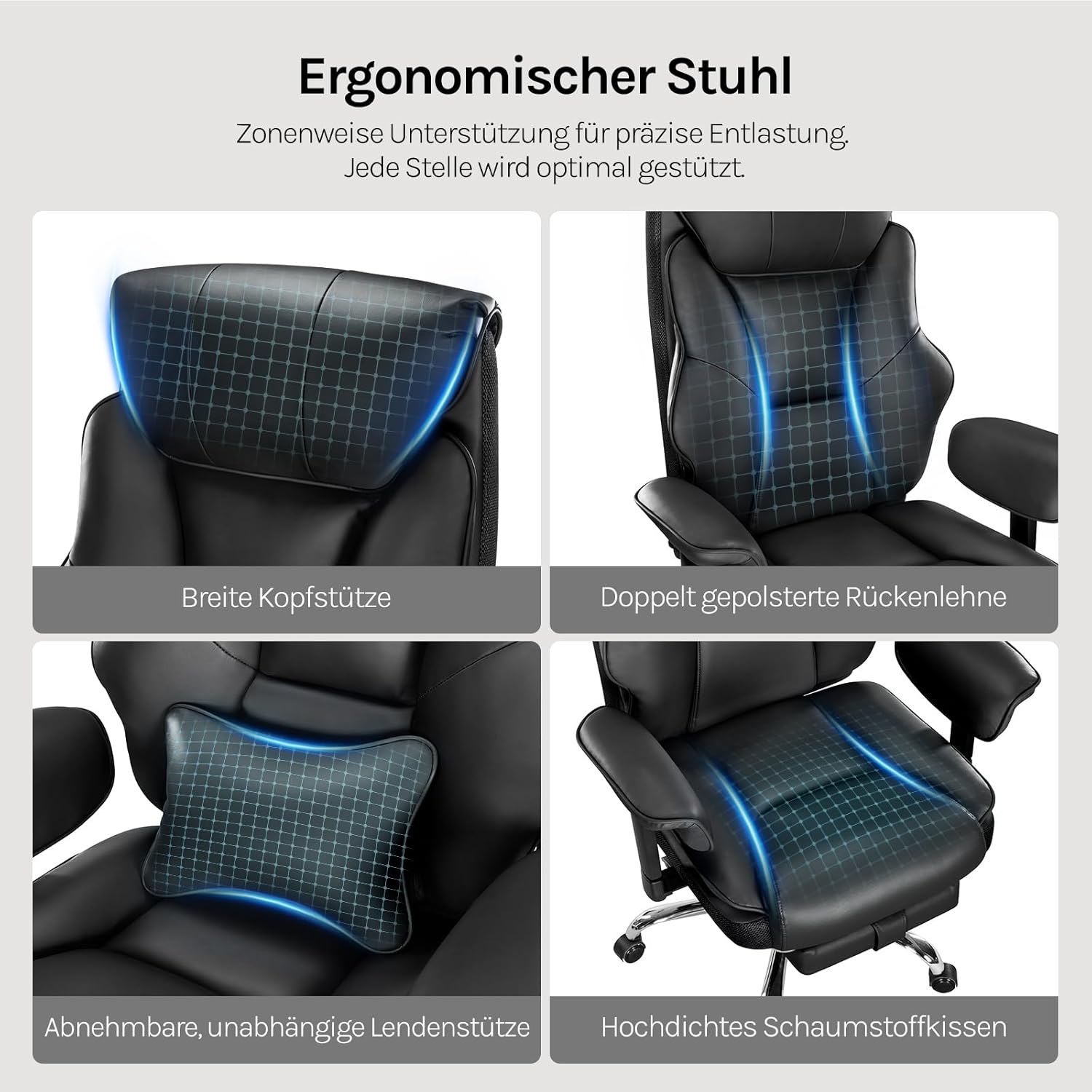 WOLTU Bürostuhl, ergonomischer Chefsessel, doppelschichtig, weiche Rückenlehne, 3-stufige Rückenlehnenverstellung mit Lordosenstütze, Fußstütze für Büro, Besprechungsraum, PU, Schwarz – Bild 3