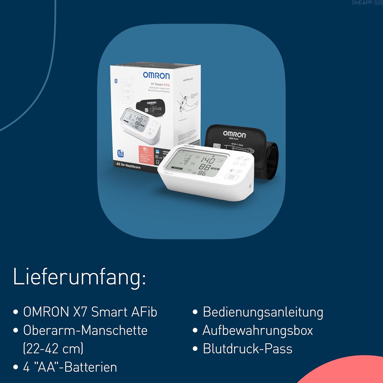 OMRON X7 Smart AFib Oberarm-Blutdruckmessgerät | Vorhofflimmern-Screening zu Hause Blutdruckkontrolle | Klinisch validiert | 2 Benutzer | Intelli Wrap-Manschette 22–42 cm | Kostenlose App – Bild 10