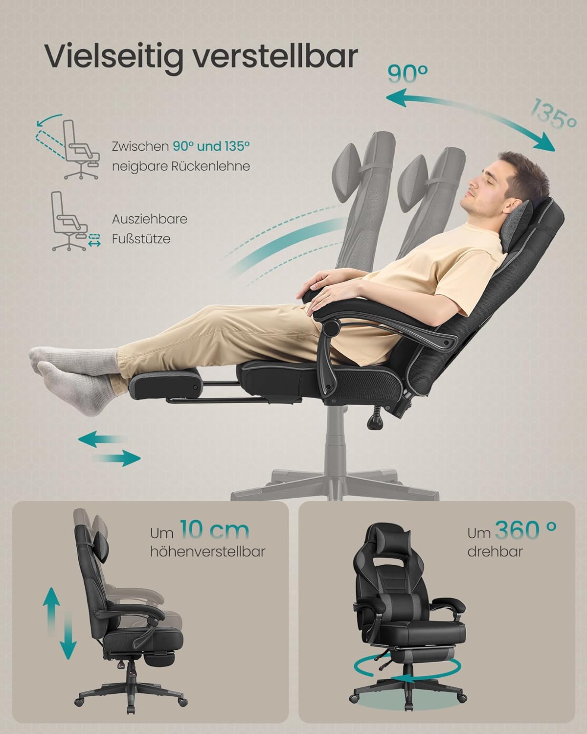 SONGMICS Gaming-Stuhl, Bürostuhl mit Fußstütze, Schreibtischstuhl mit Kopfstütze und Lendenkissen, höhenverstellbar, ergonomisch, maximale Belastung 150 kg, Tintenschwarz/Schiefergrau OBG073BH20 – Bild 7