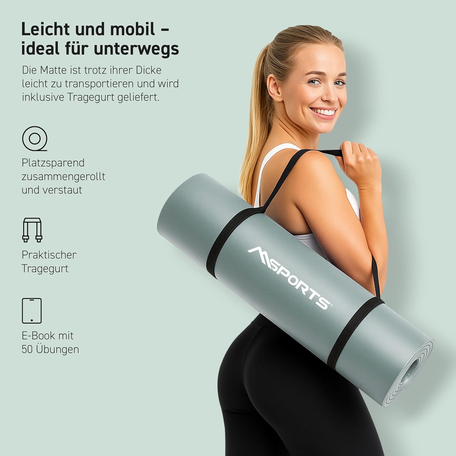 MSports Premium Gymnastikmatte inklusive Tragegurt + Übungsposter + Workout-App – hautfreundliche Fitnessmatte, 190 x 60, 80 oder 100 x 1,5 cm, verschiedene Farben, phthalatfreie Yogamatte, 190 x 80 x 1,5 cm – Bild 3